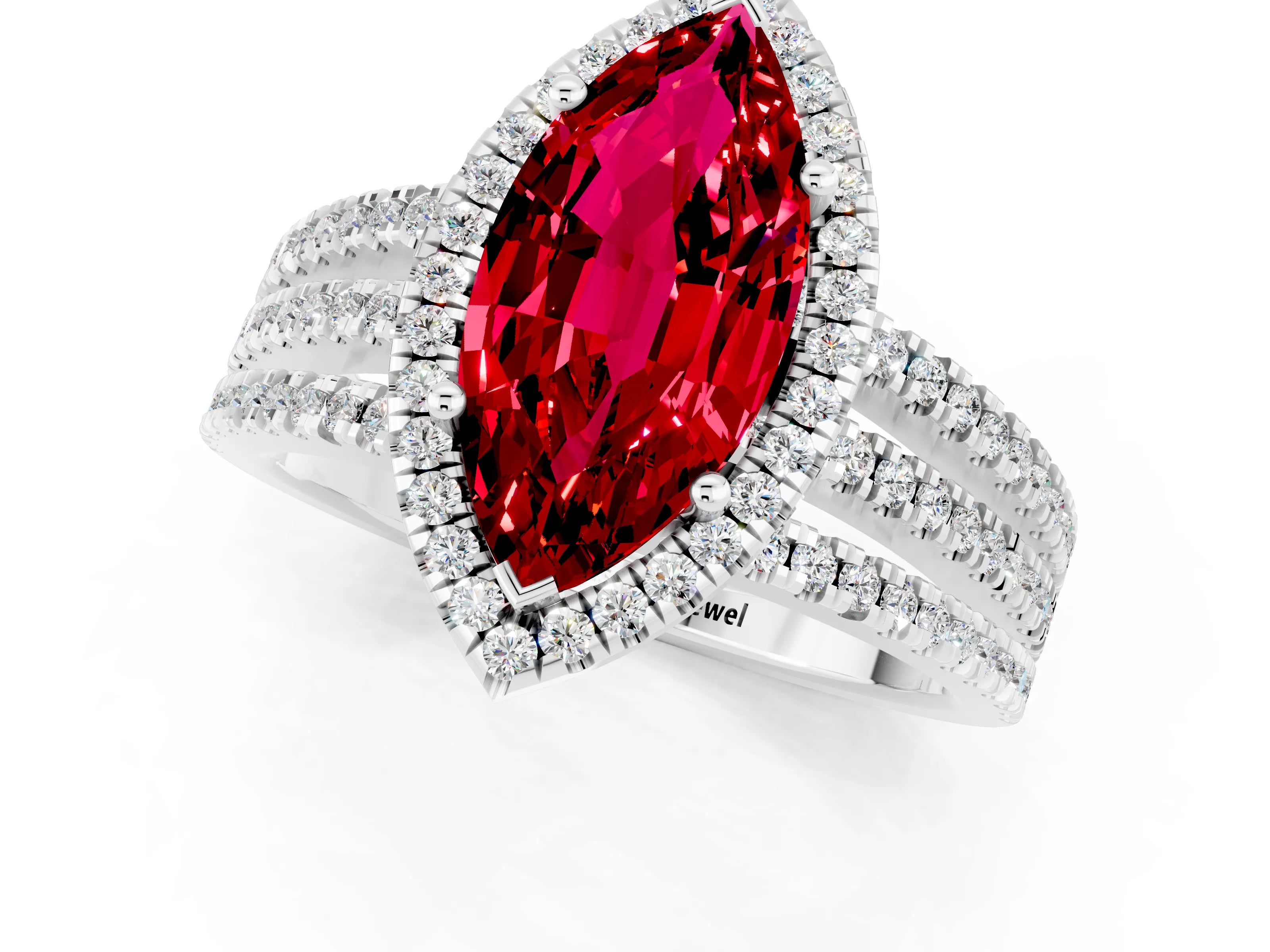 White gold {shape_name} Ruby Halo Engagement Ring with Split Shank and Four-Prong Setting_1