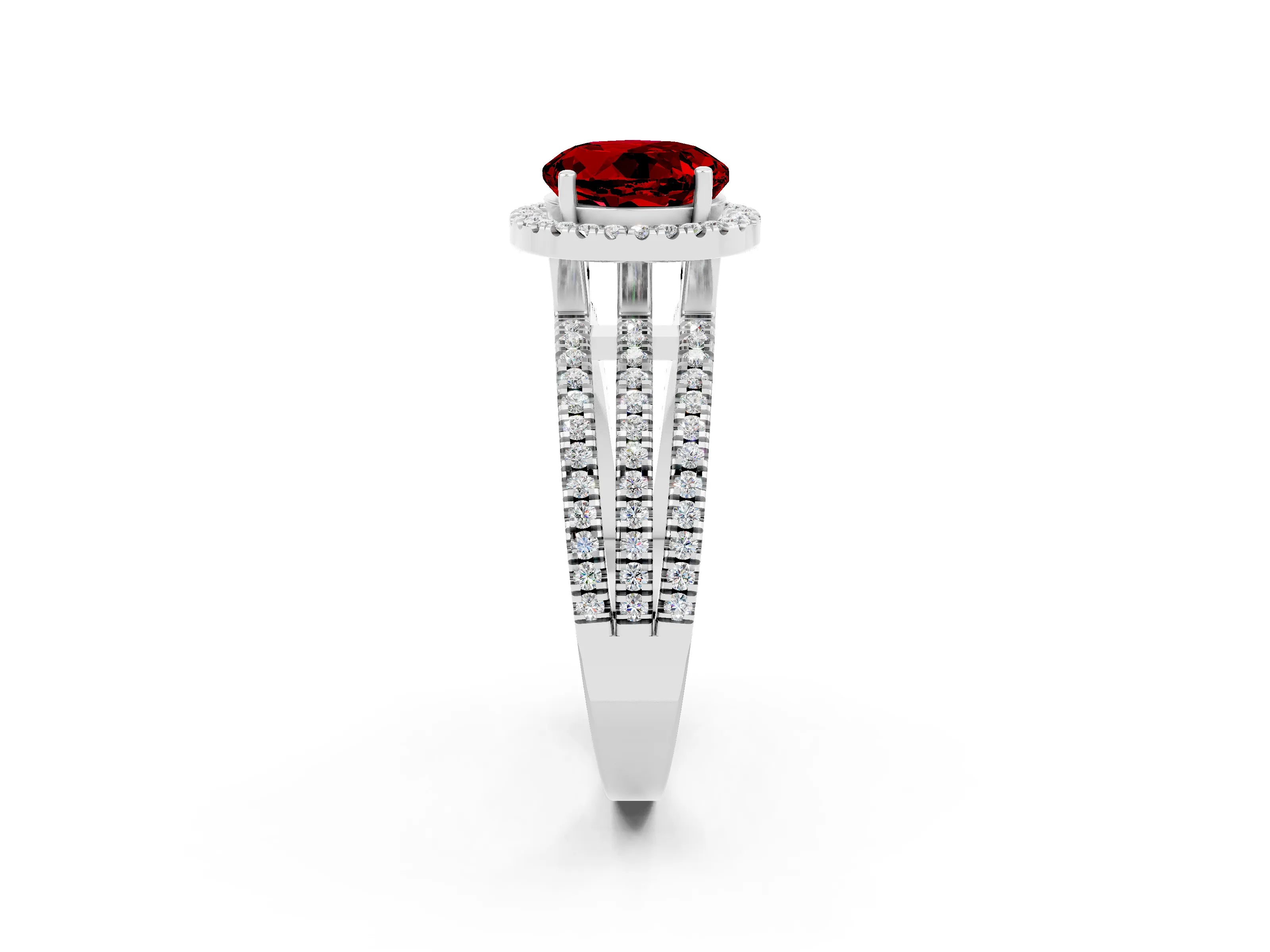 White gold {shape_name} Ruby Halo Engagement Ring with Split Shank and Four-Prong Setting_2