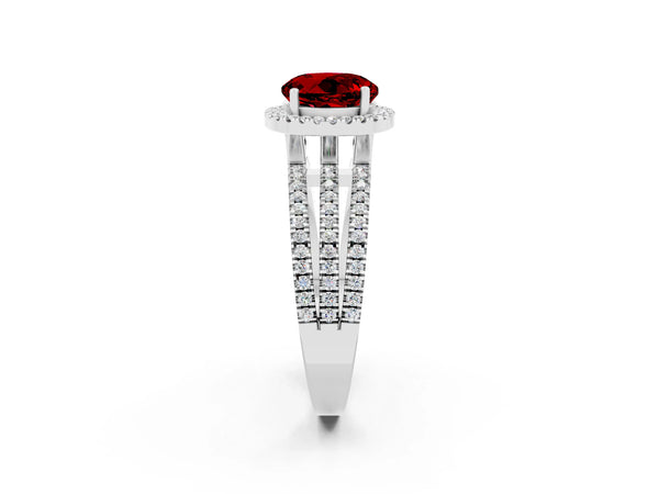 Platinum Round Cut Ruby Halo Engagement Ring with Split Shank and Four-Prong Setting