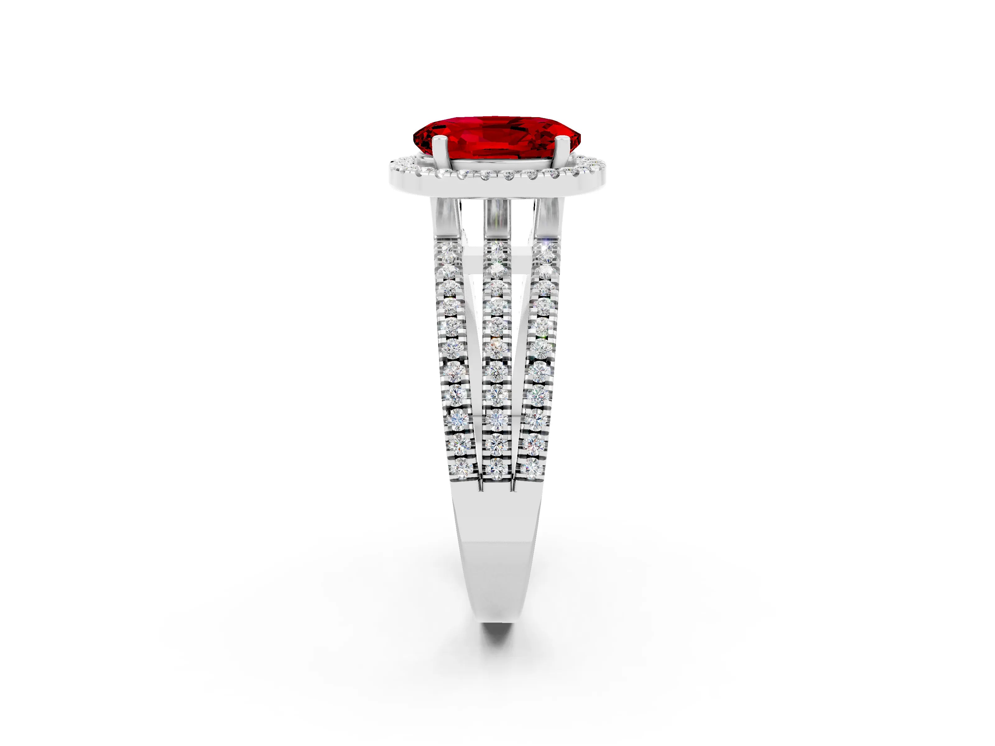White gold {shape_name} Ruby Halo Engagement Ring with Split Shank and Four-Prong Setting_2
