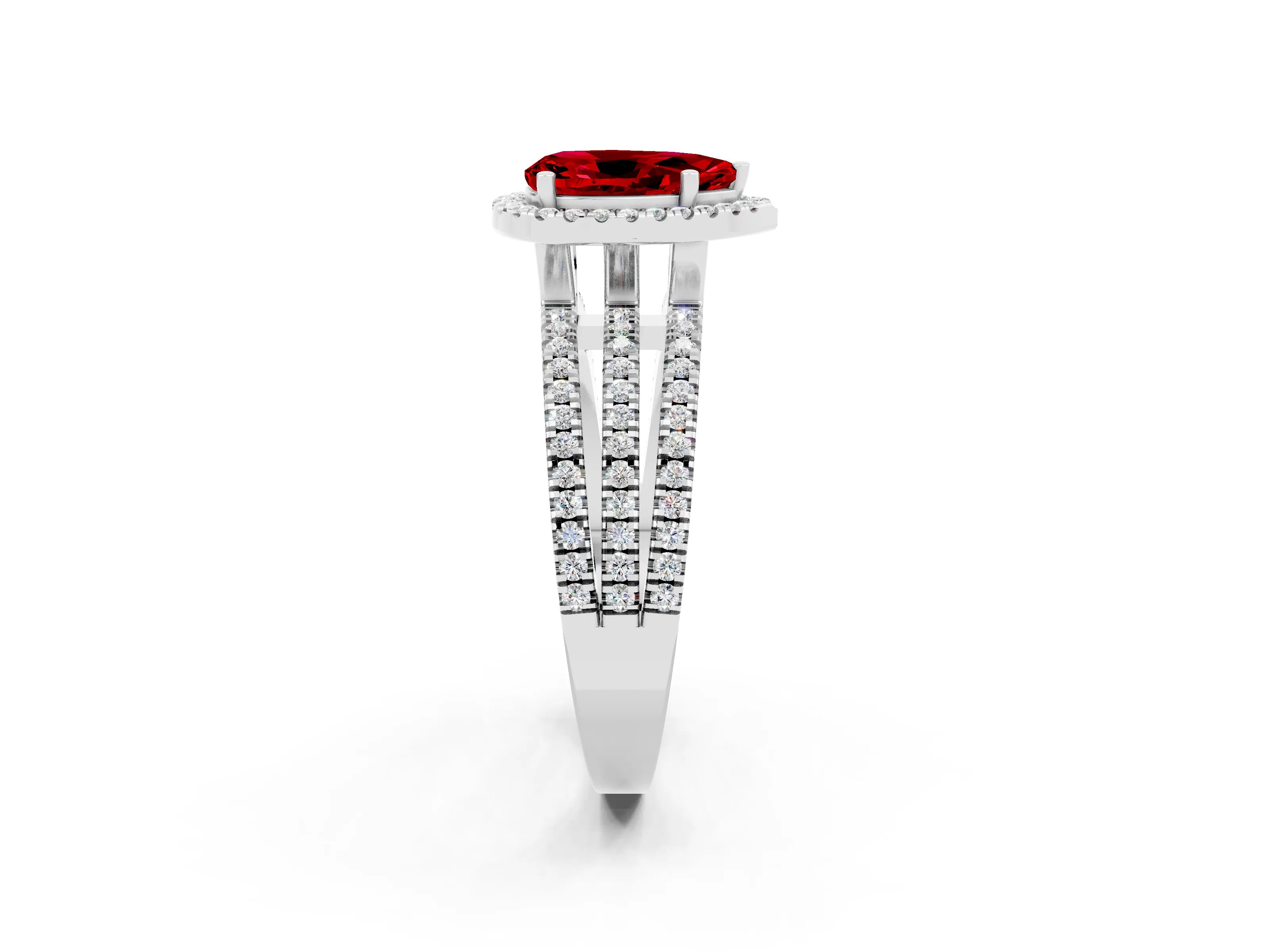 White gold {shape_name} Ruby Halo Engagement Ring with Split Shank and Four-Prong Setting_2