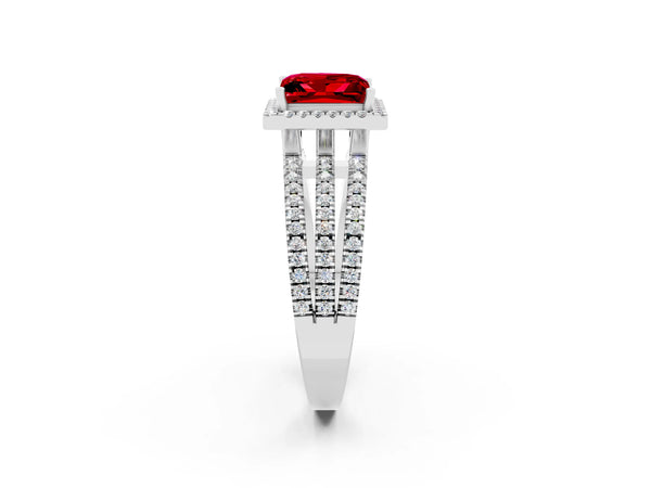 Silver Princess Cut Ruby Halo Engagement Ring with Split Shank and Four-Prong Setting
