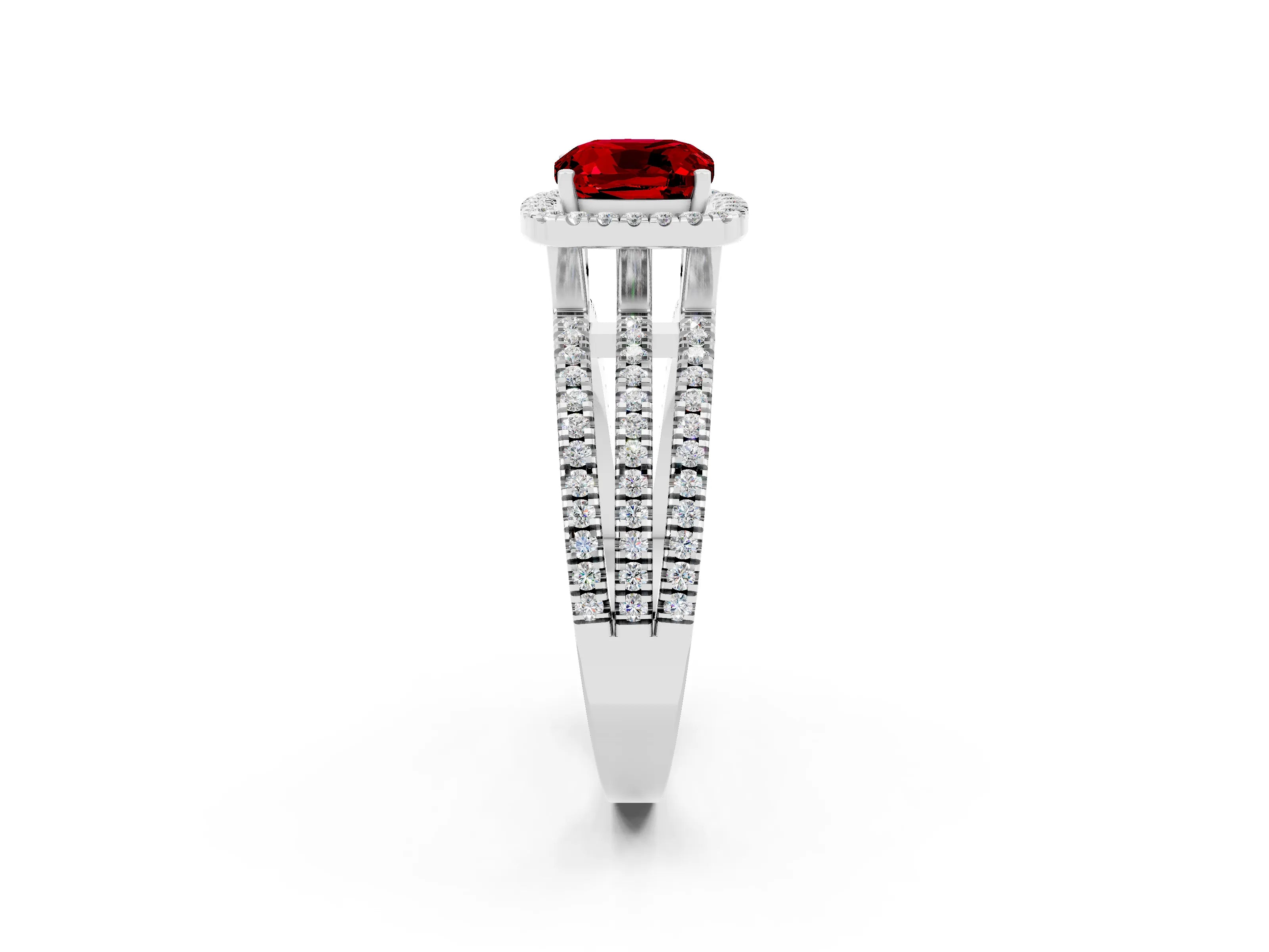 White gold {shape_name} Ruby Halo Engagement Ring with Split Shank and Four-Prong Setting_2