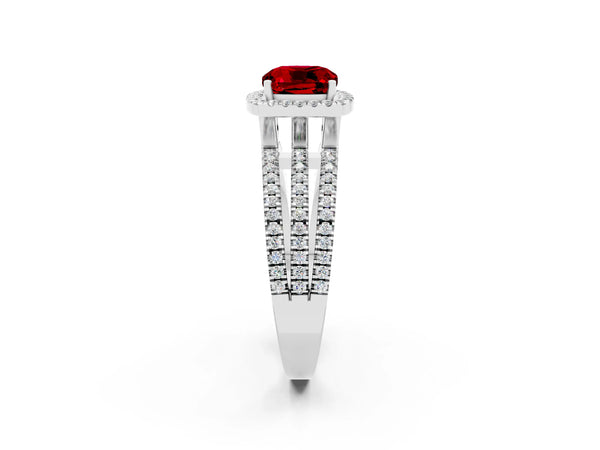 Platinum Cushion Cut Ruby Halo Engagement Ring with Split Shank and Four-Prong Setting