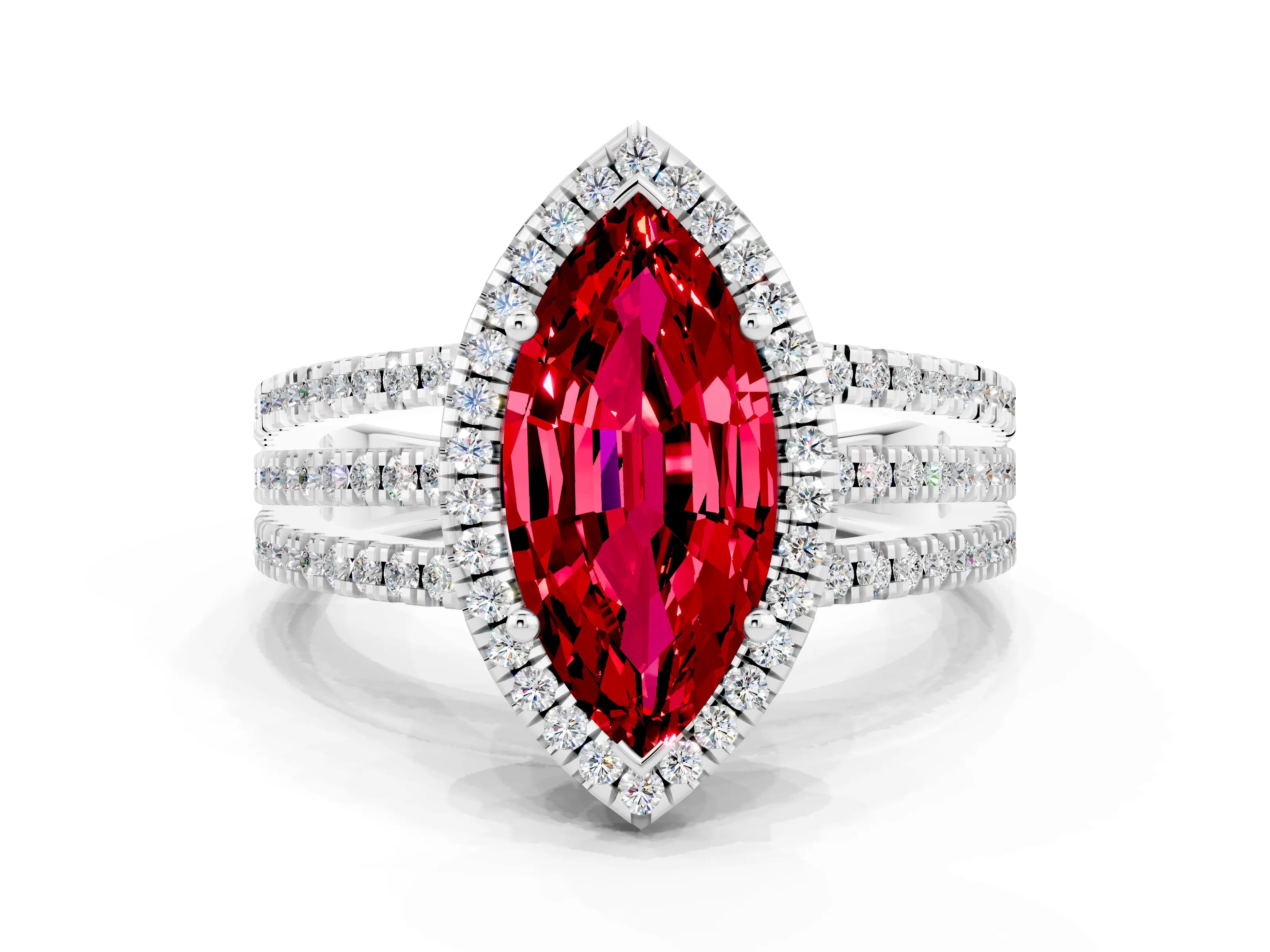 White gold {shape_name} Ruby Halo Engagement Ring with Split Shank and Four-Prong Setting