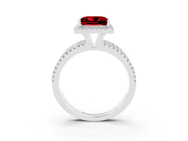 Platinum Princess Cut Ruby Halo Engagement Ring with Split Shank and Four-Prong Setting