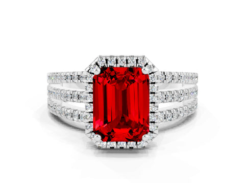 White gold {shape_name} Ruby Halo Engagement Ring with Split Shank and Four-Prong Setting