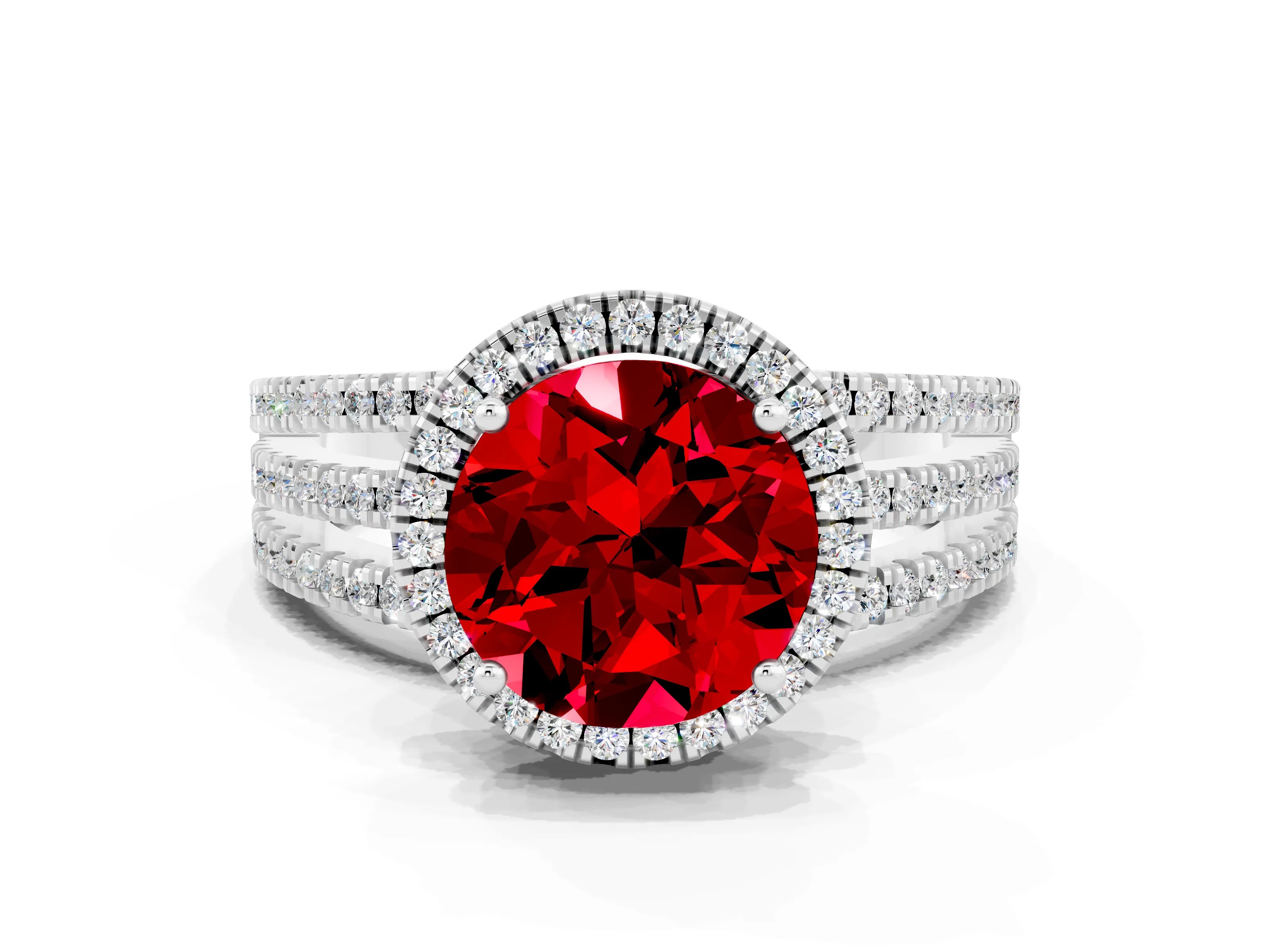 White gold {shape_name} Ruby Halo Engagement Ring with Split Shank and Four-Prong Setting