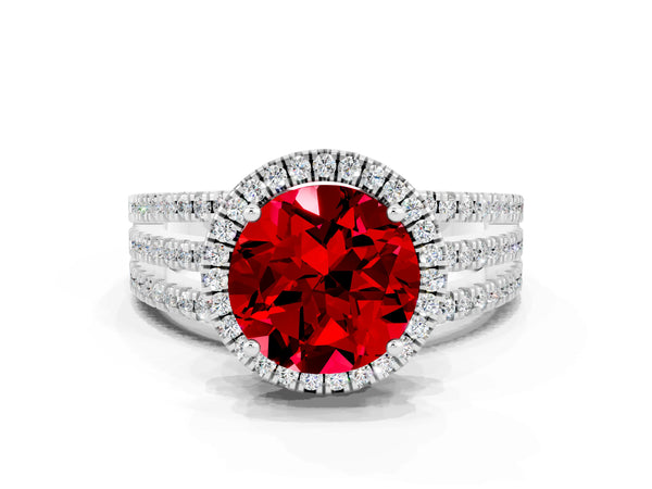Platinum Round Cut Ruby Halo Engagement Ring with Split Shank and Four-Prong Setting