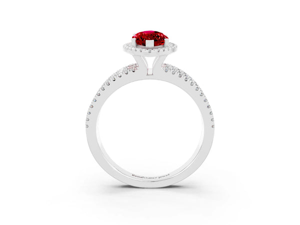 Platinum Marquise Cut Ruby Halo Engagement Ring with Split Shank and Four-Prong Setting