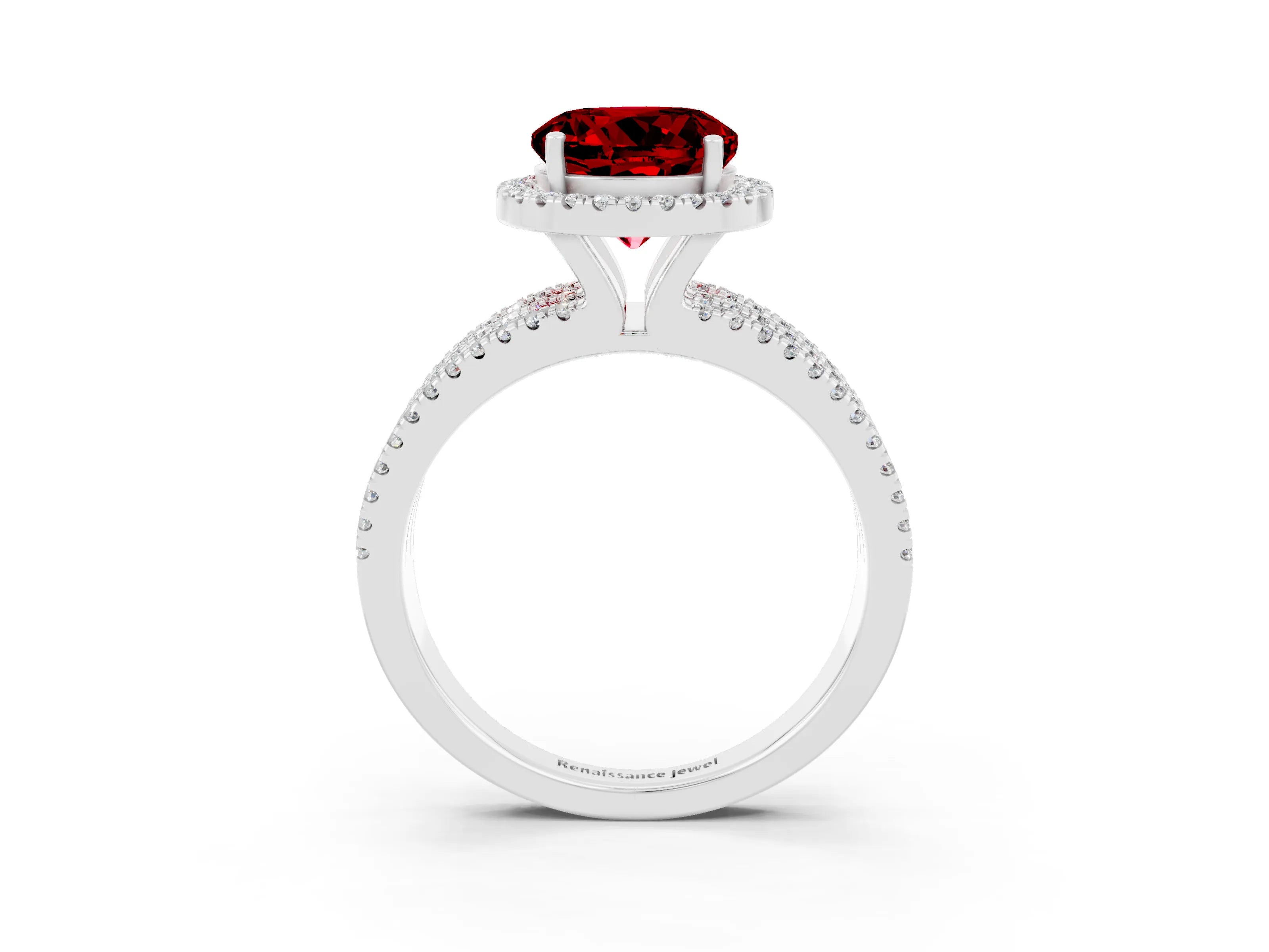 White gold {shape_name} Ruby Halo Engagement Ring with Split Shank and Four-Prong Setting_3