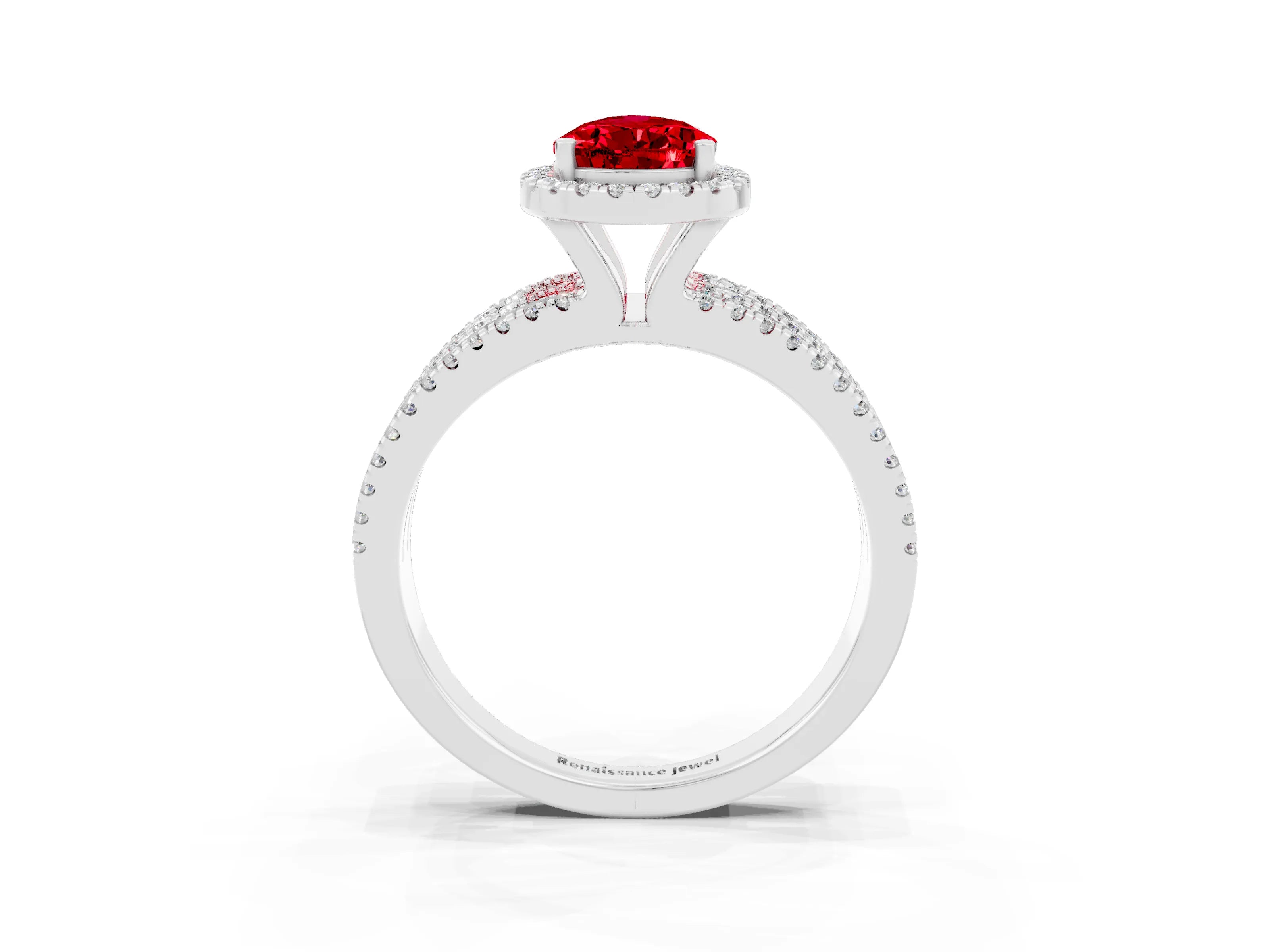 White gold {shape_name} Ruby Halo Engagement Ring with Split Shank and Four-Prong Setting_3