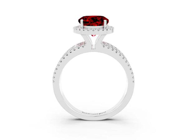 Platinum Round Cut Ruby Halo Engagement Ring with Split Shank and Four-Prong Setting