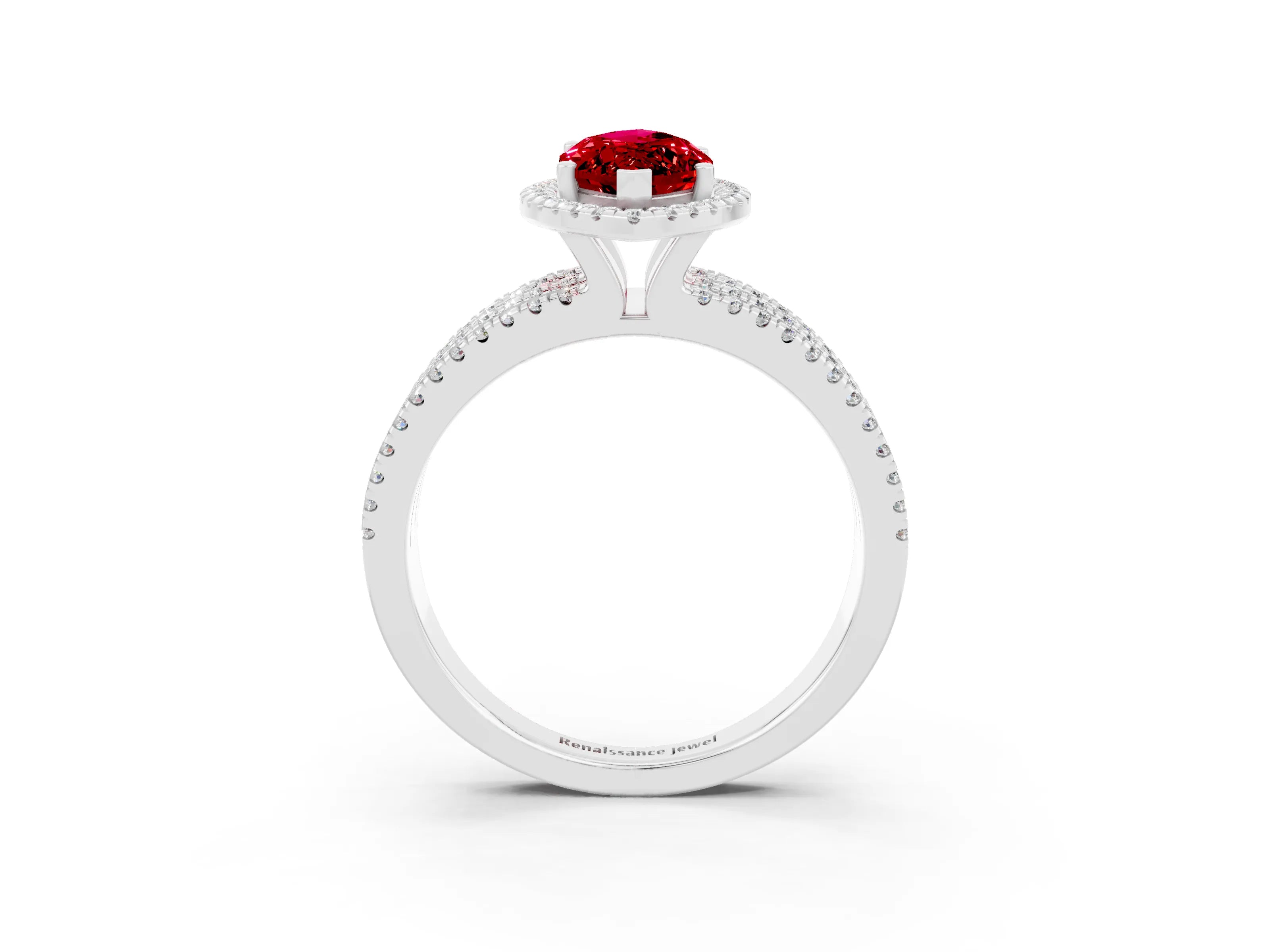 White gold {shape_name} Ruby Halo Engagement Ring with Split Shank and Four-Prong Setting_3