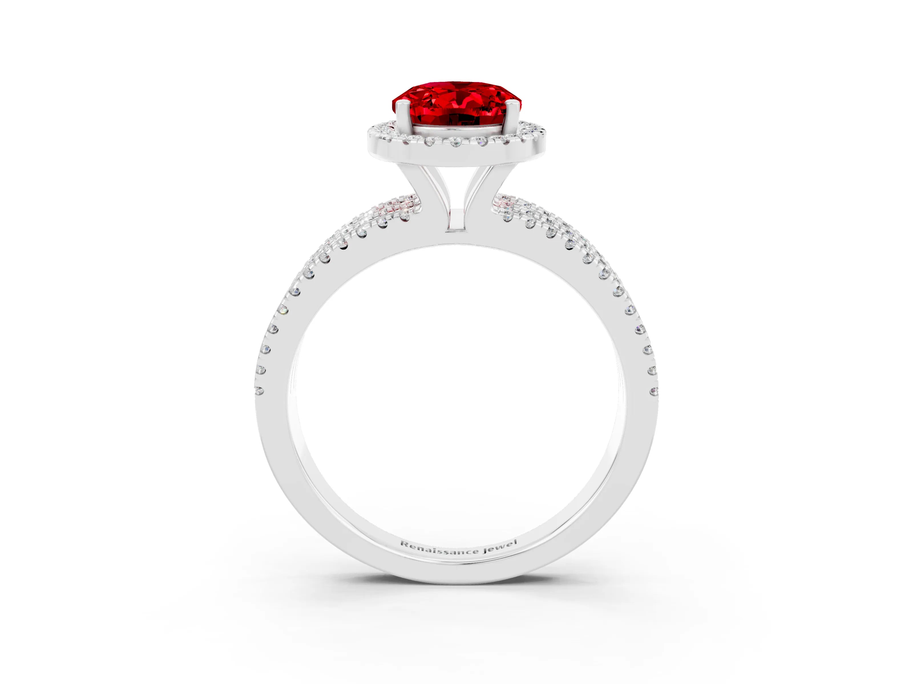 White gold {shape_name} Ruby Halo Engagement Ring with Split Shank and Four-Prong Setting_3