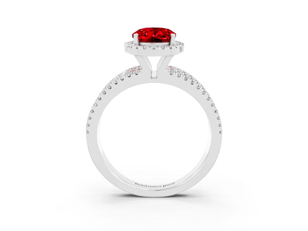 Silver Oval Cut Ruby Halo Engagement Ring with Split Shank and Four-Prong Setting