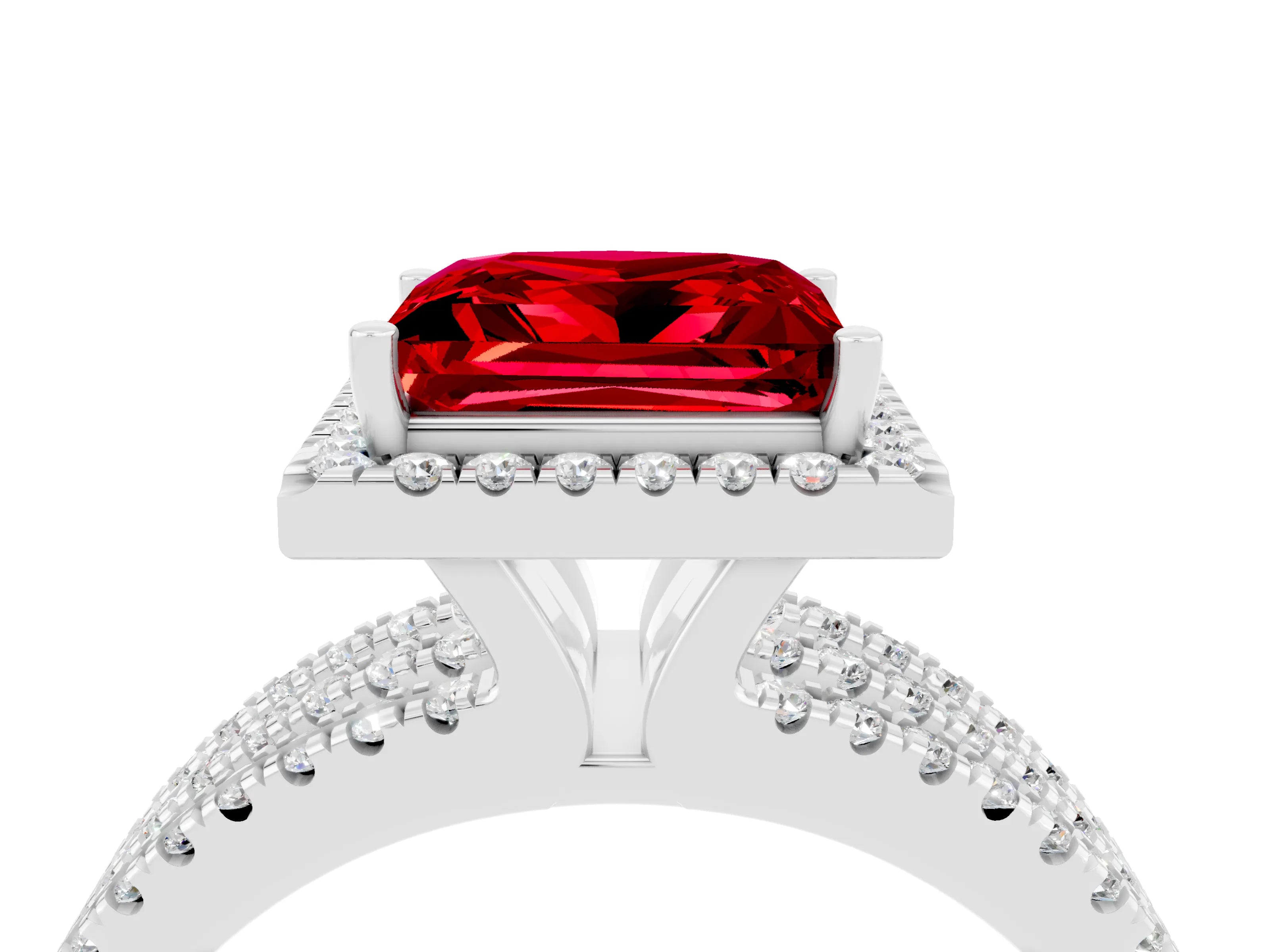 White gold {shape_name} Ruby Halo Engagement Ring with Split Shank and Four-Prong Setting_4