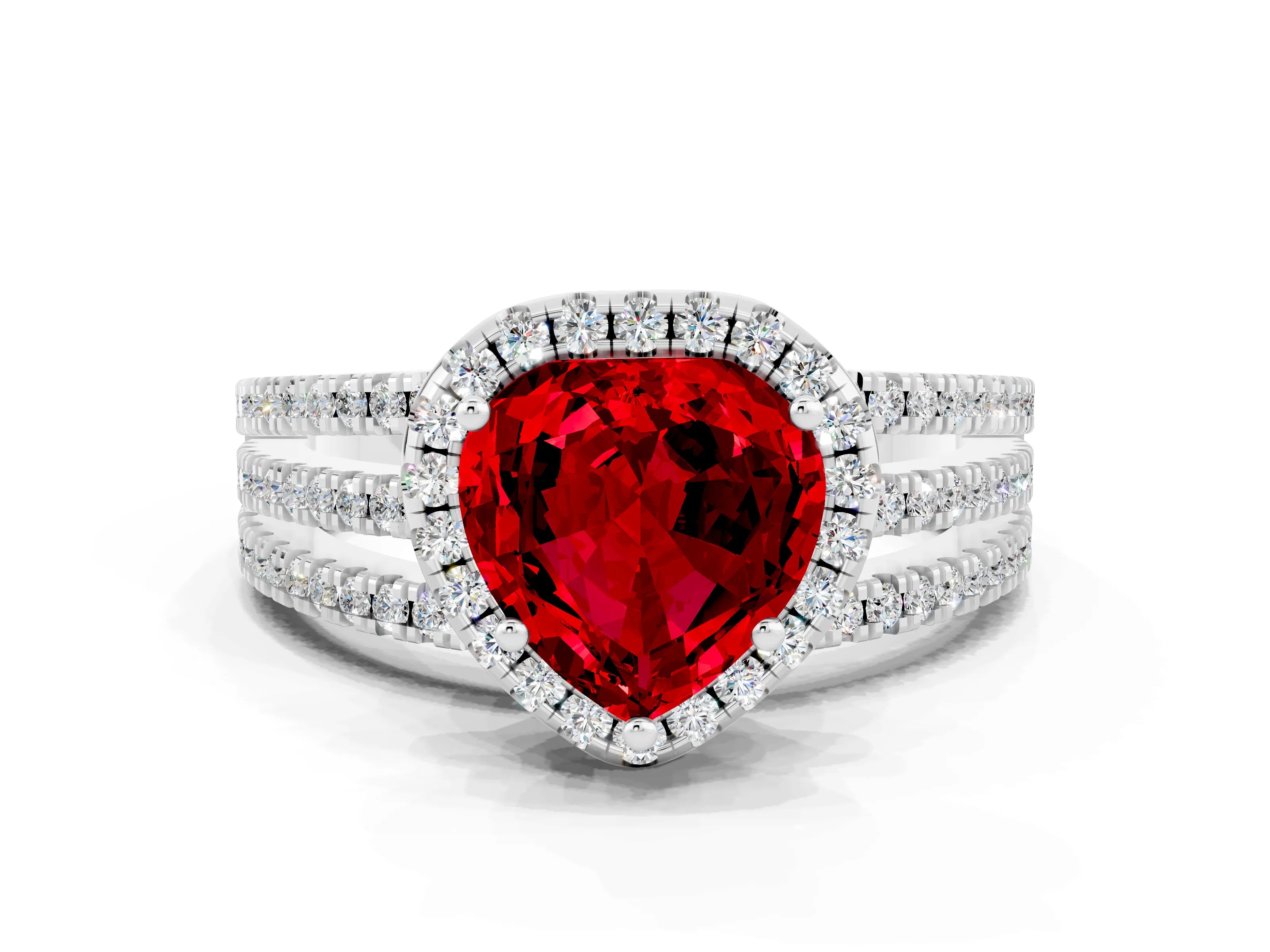White gold {shape_name} Ruby Halo Engagement Ring with Split Shank and Four-Prong Setting