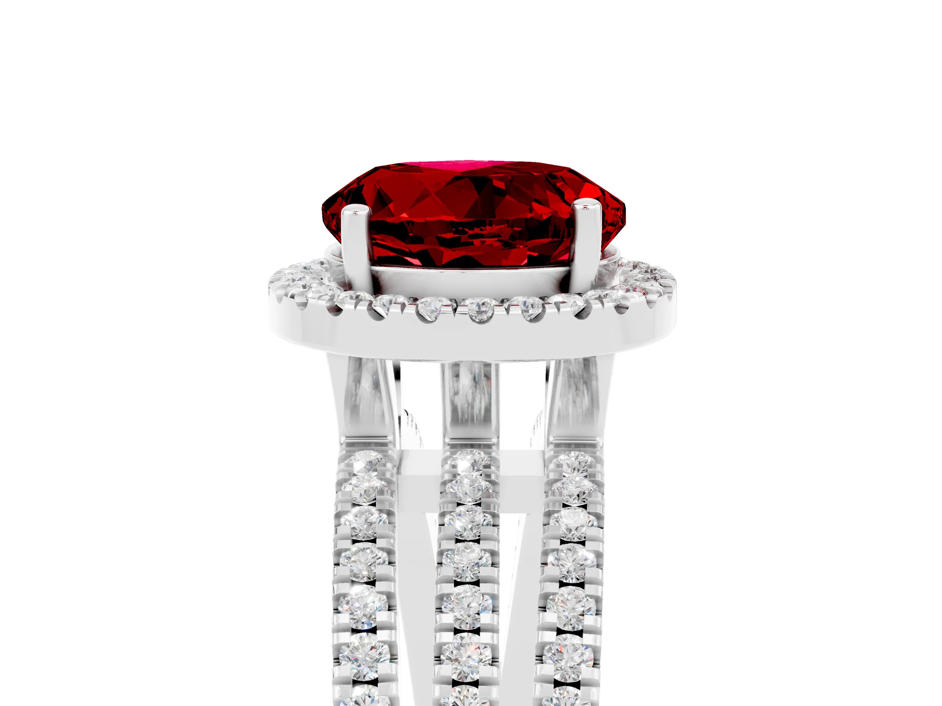 White gold {shape_name} Ruby Halo Engagement Ring with Split Shank and Four-Prong Setting_5