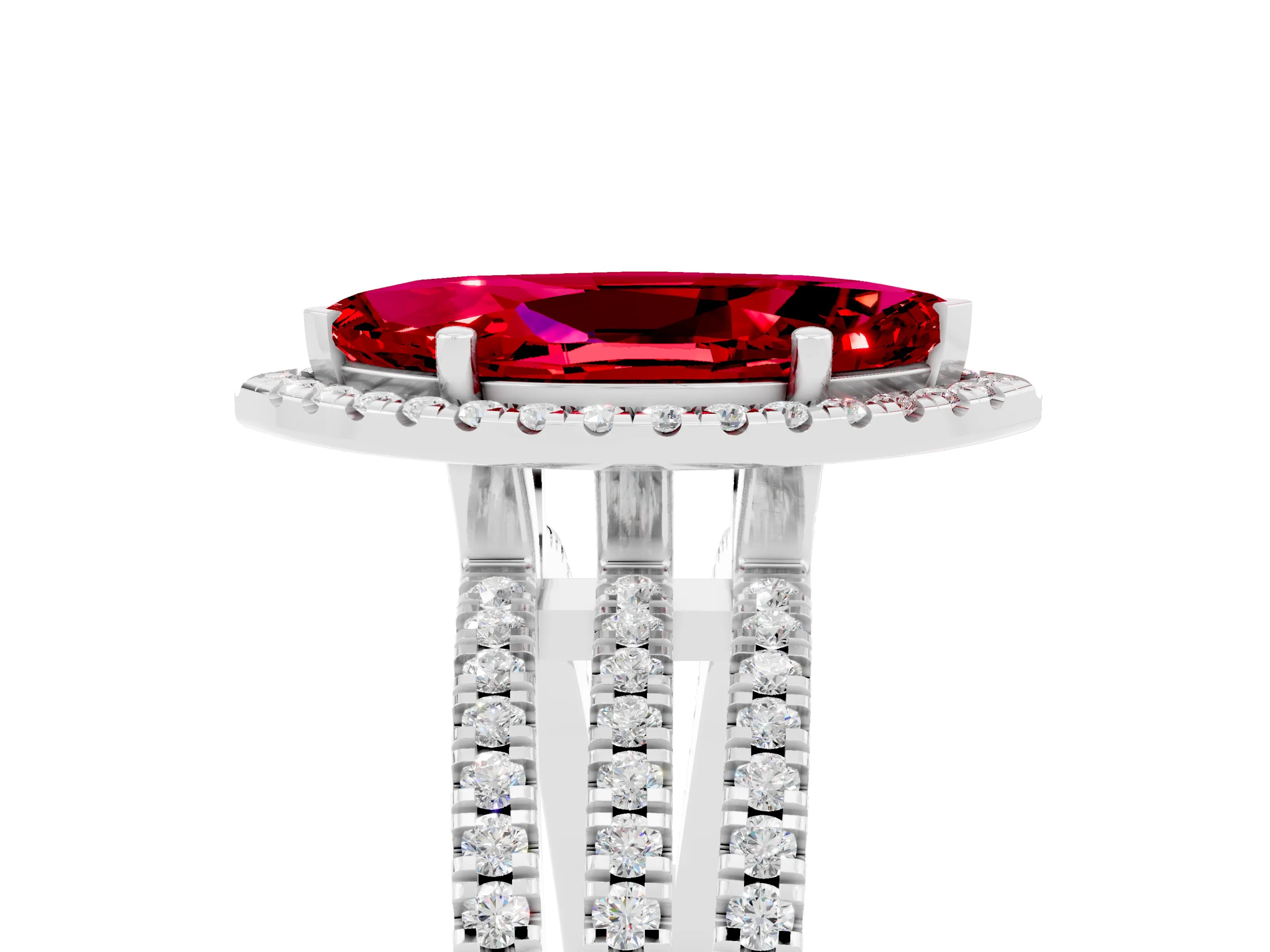 White gold {shape_name} Ruby Halo Engagement Ring with Split Shank and Four-Prong Setting_5