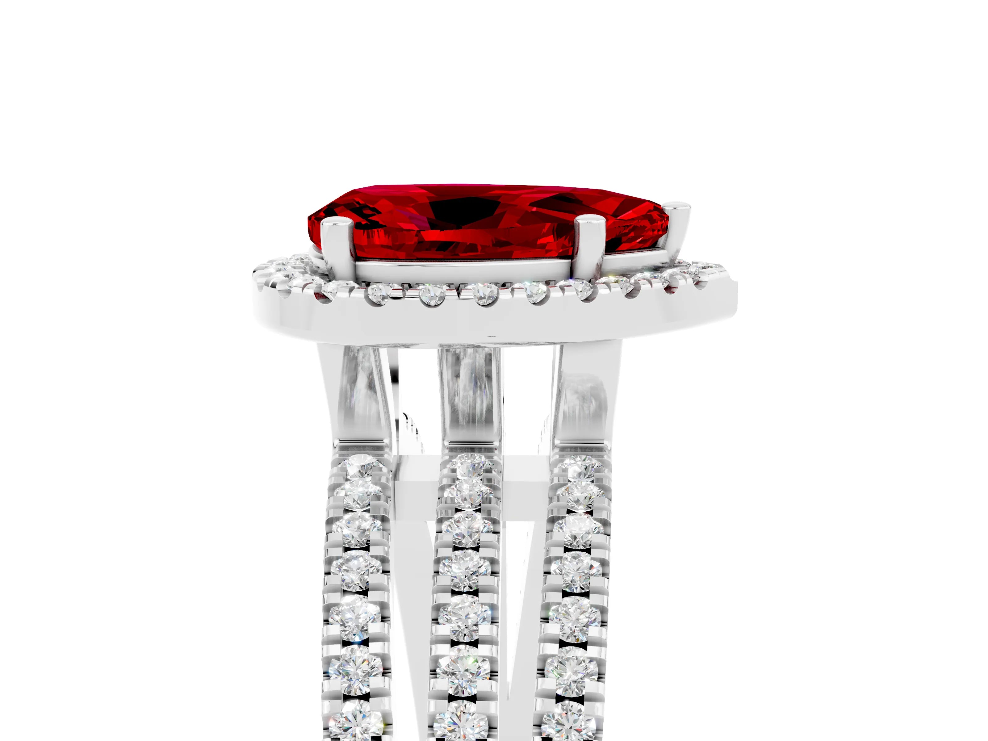 White gold {shape_name} Ruby Halo Engagement Ring with Split Shank and Four-Prong Setting_5