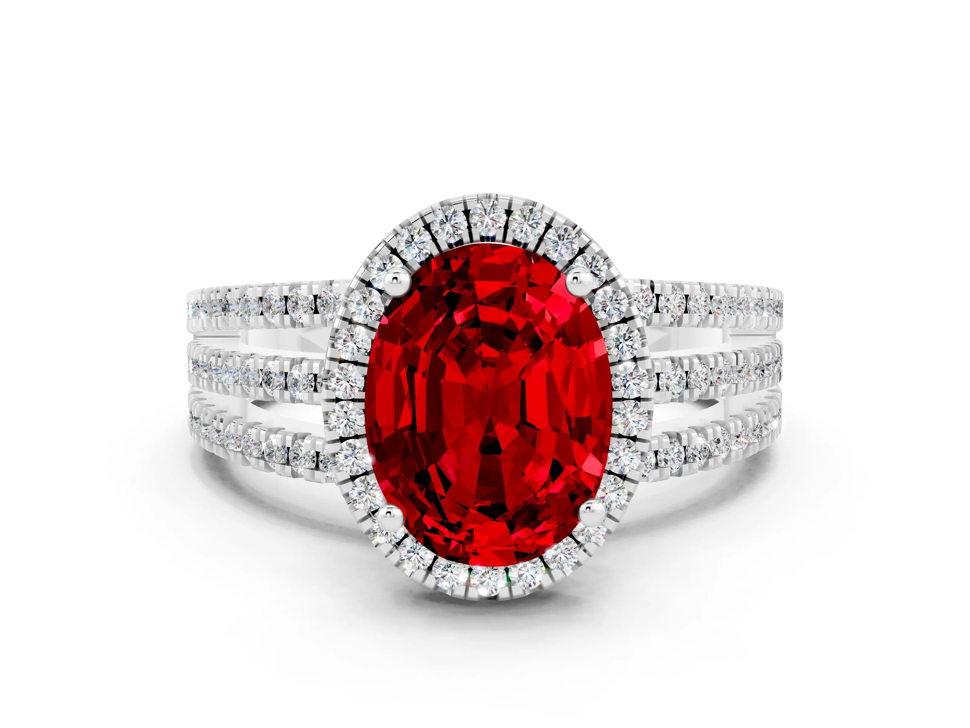 White gold {shape_name} Ruby Halo Engagement Ring with Split Shank and Four-Prong Setting