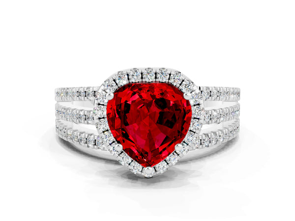 Platinum Heart Cut Ruby Halo Engagement Ring with Split Shank and Four-Prong Setting