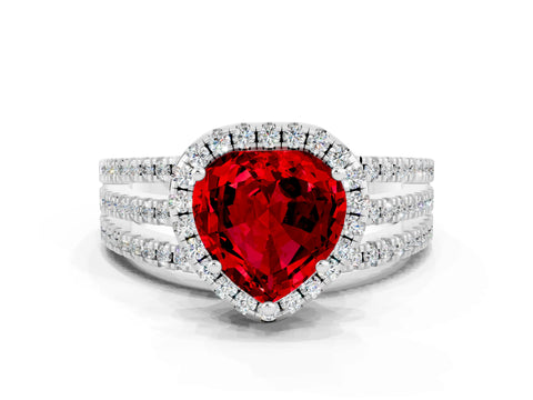 White gold {shape_name} Ruby Halo Engagement Ring with Split Shank and Four-Prong Setting