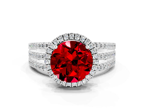 White gold {shape_name} Ruby Halo Engagement Ring with Split Shank and Four-Prong Setting