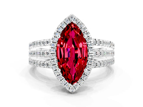 White gold {shape_name} Ruby Halo Engagement Ring with Split Shank and Four-Prong Setting