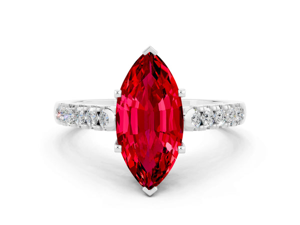 White gold Marquise Cut Ruby Pavé Band Solitaire Ring with Prong Setting