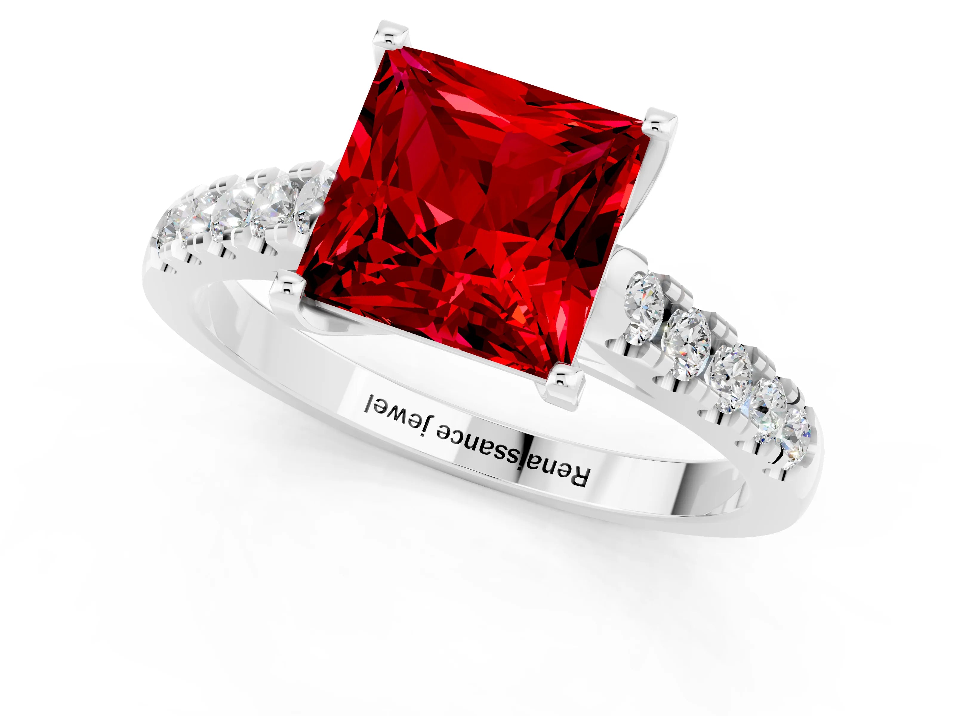White gold {shape_name} Ruby Solitaire Ring with Pavé Band and Four-Prong Setting_13