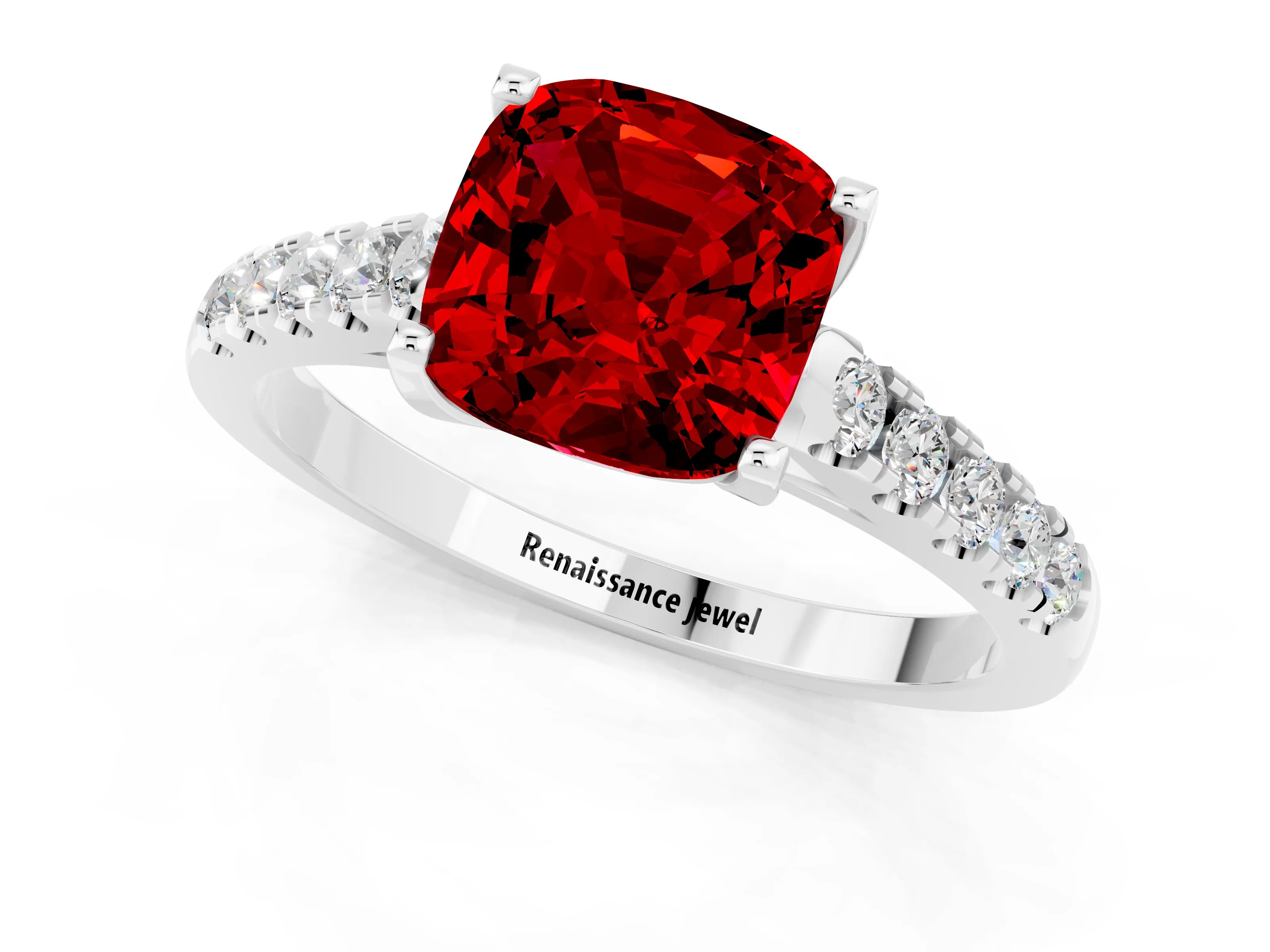 White gold {shape_name} Ruby Solitaire Ring with Pavé Band and Four-Prong Setting_13