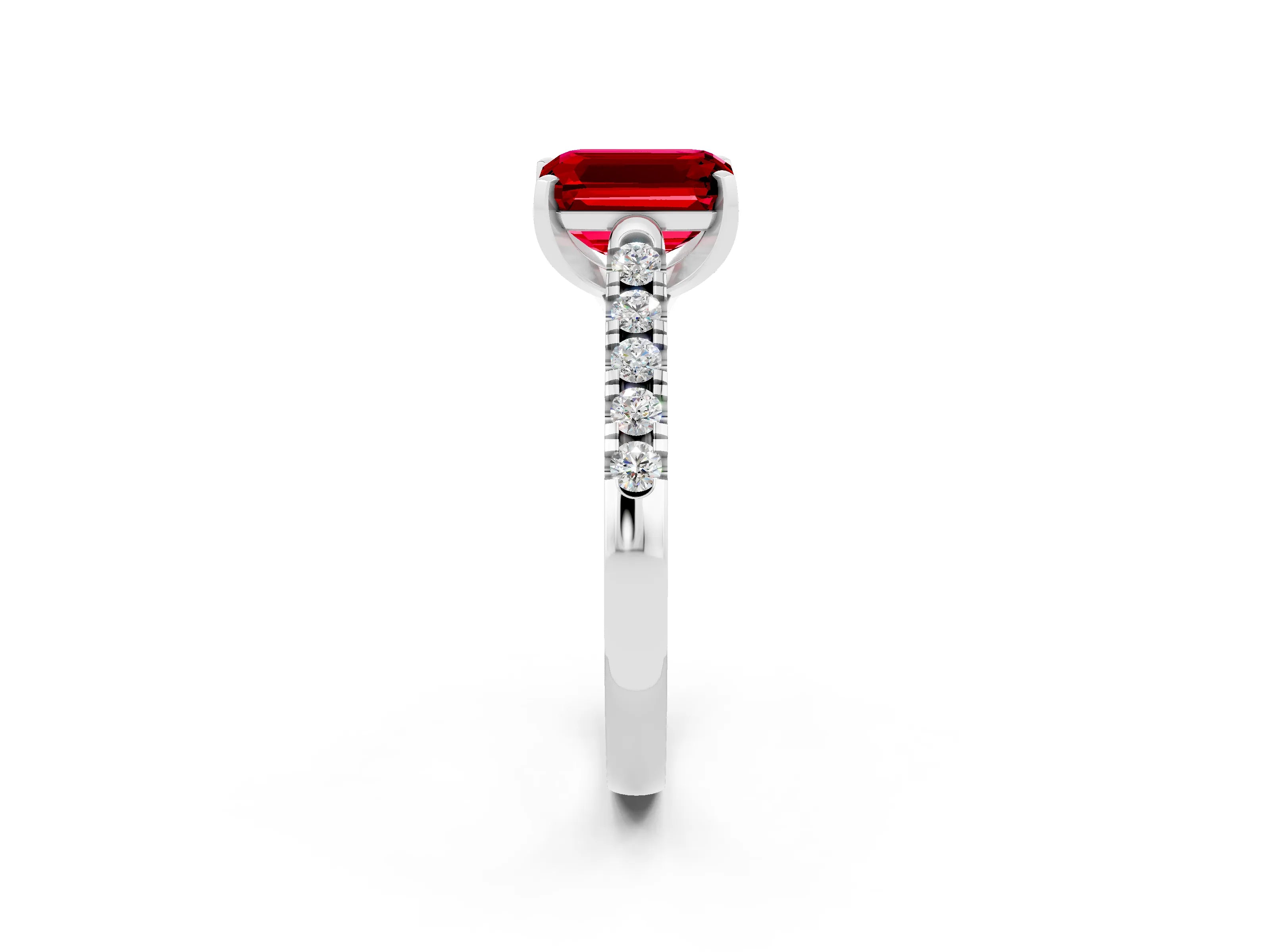 White gold {shape_name} Ruby Solitaire Ring with Pavé Band and Four-Prong Setting_14