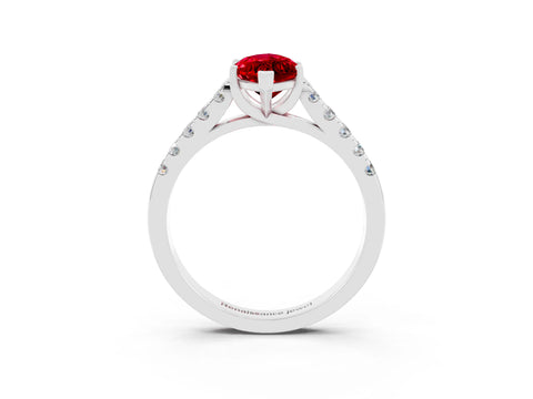White gold {shape_name} Ruby Solitaire Ring with Pavé Band and Four-Prong Setting_15