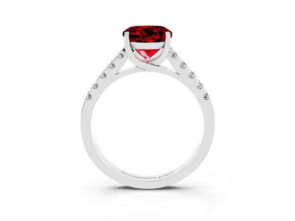 White gold Round Cut Ruby Pavé Band Solitaire Ring with Prong Setting
