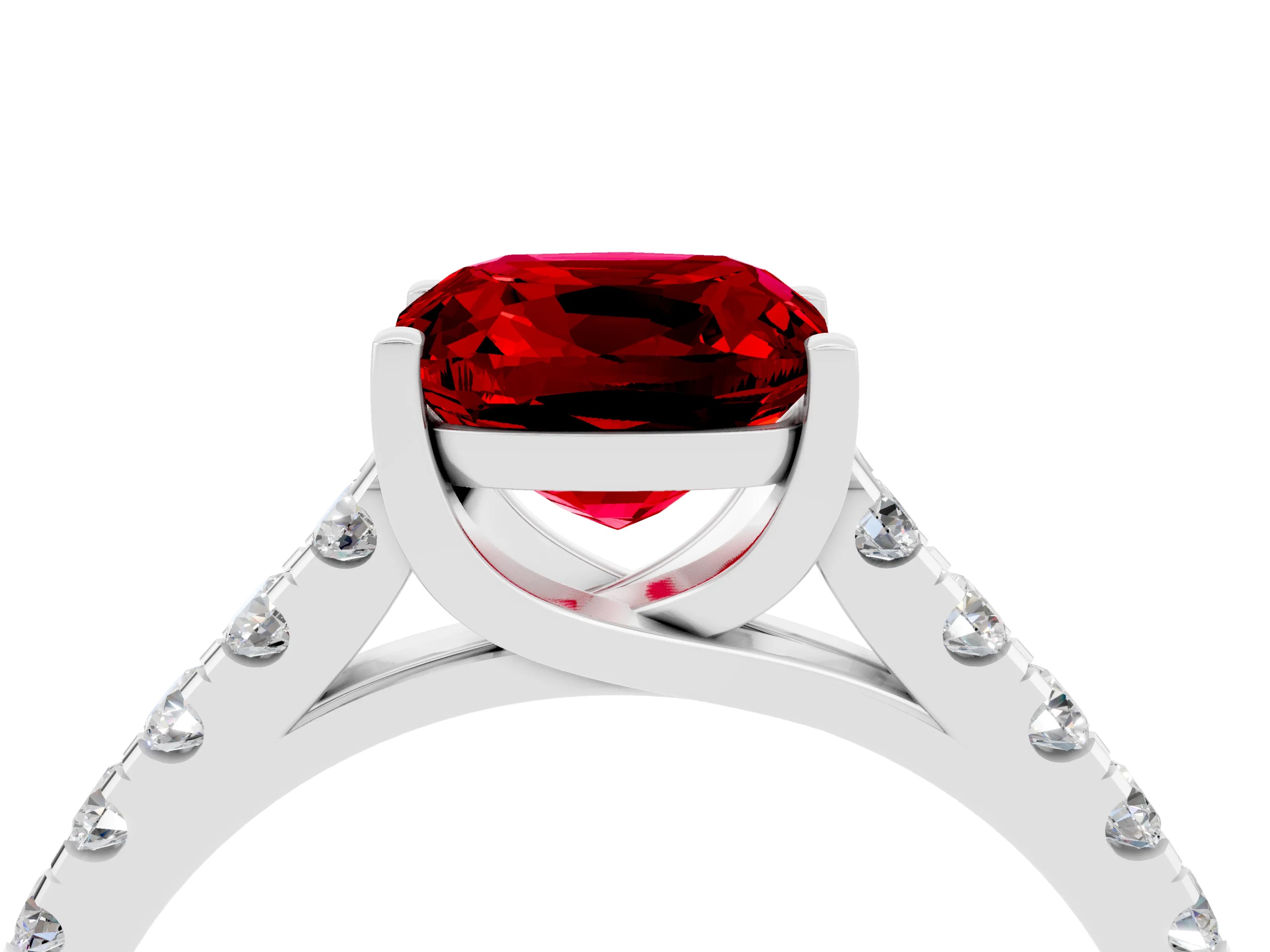 White gold {shape_name} Ruby Solitaire Ring with Pavé Band and Four-Prong Setting_16