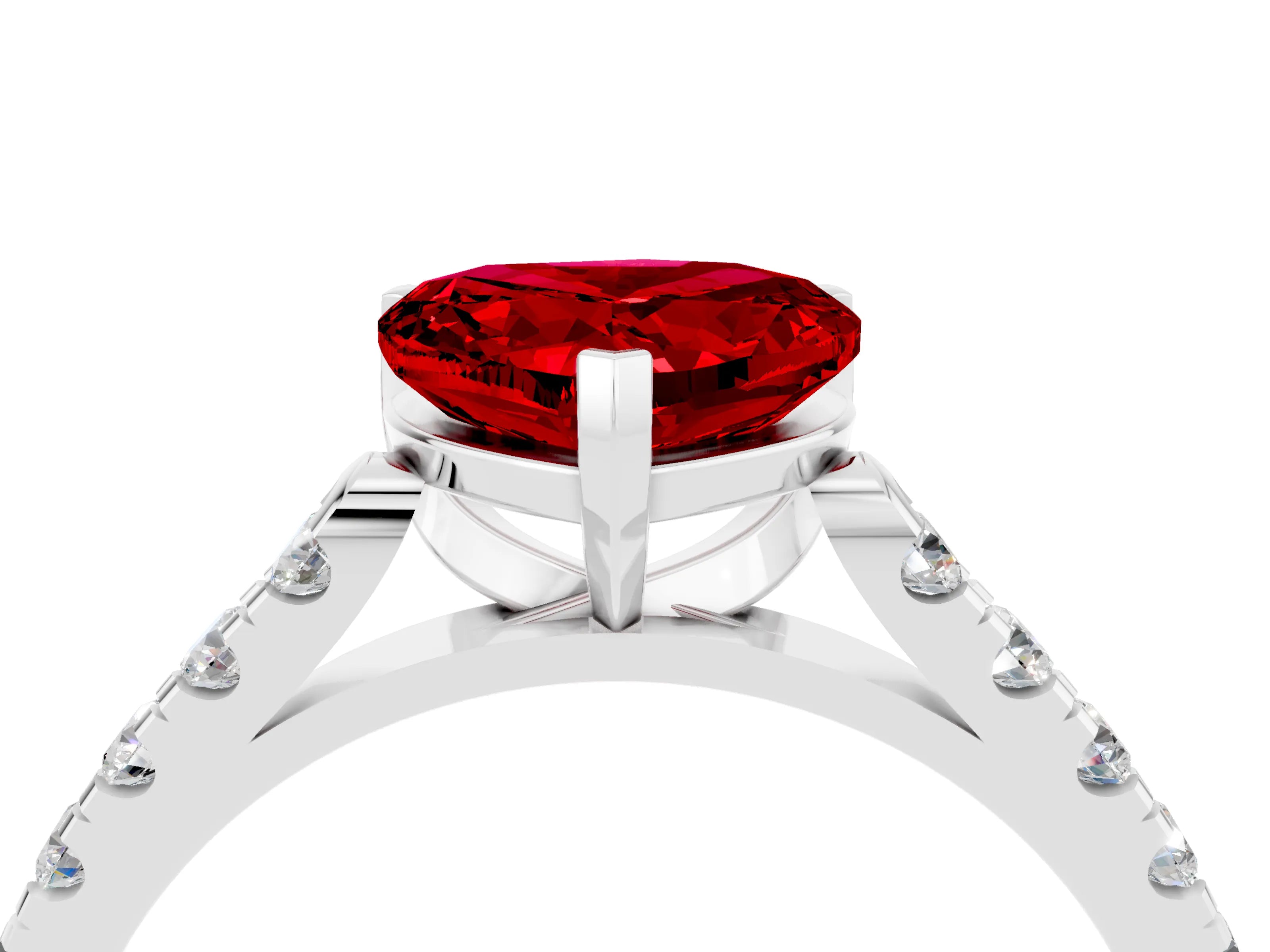 White gold {shape_name} Ruby Solitaire Ring with Pavé Band and Four-Prong Setting_16