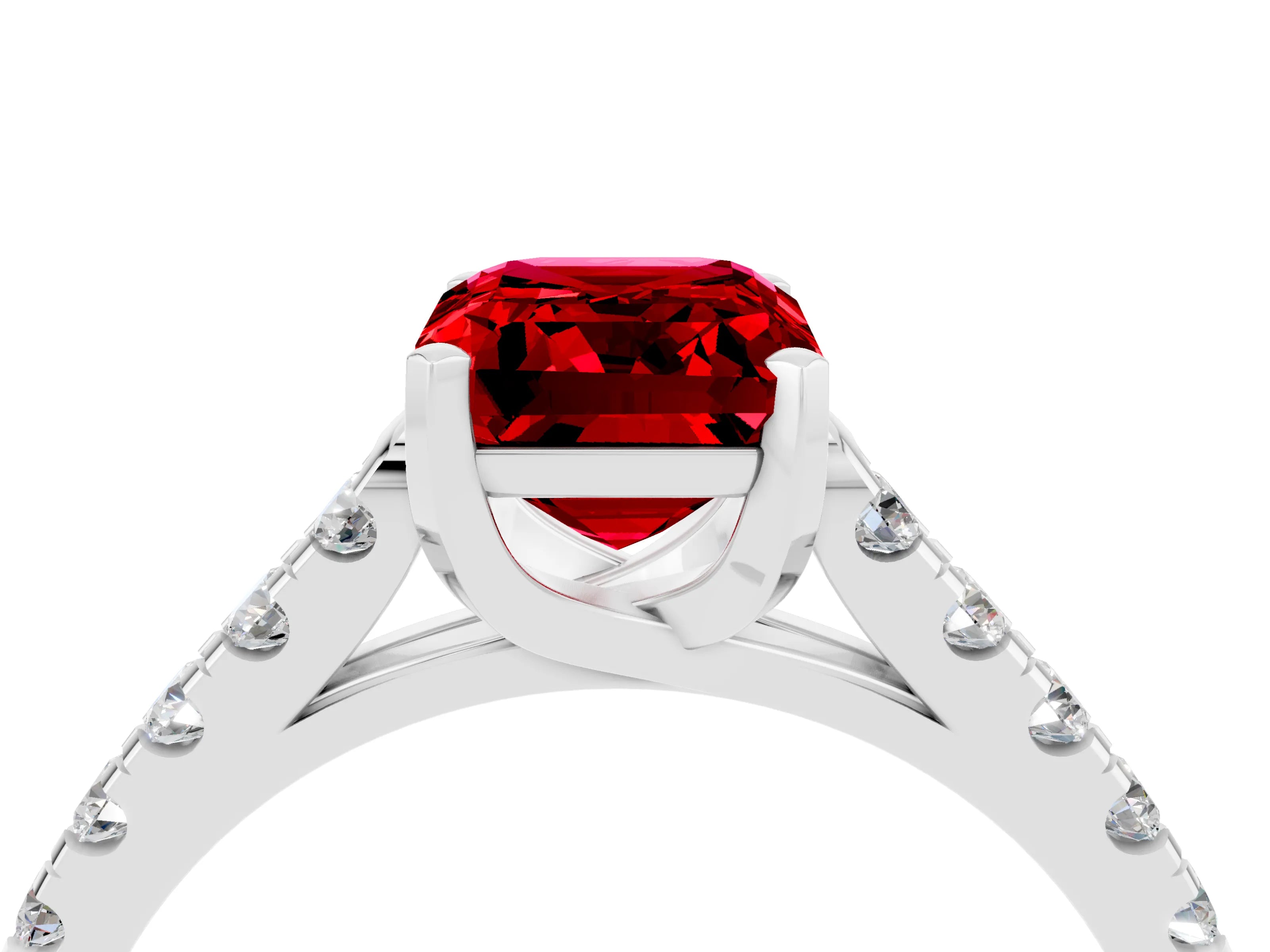 White gold {shape_name} Ruby Solitaire Ring with Pavé Band and Four-Prong Setting_16