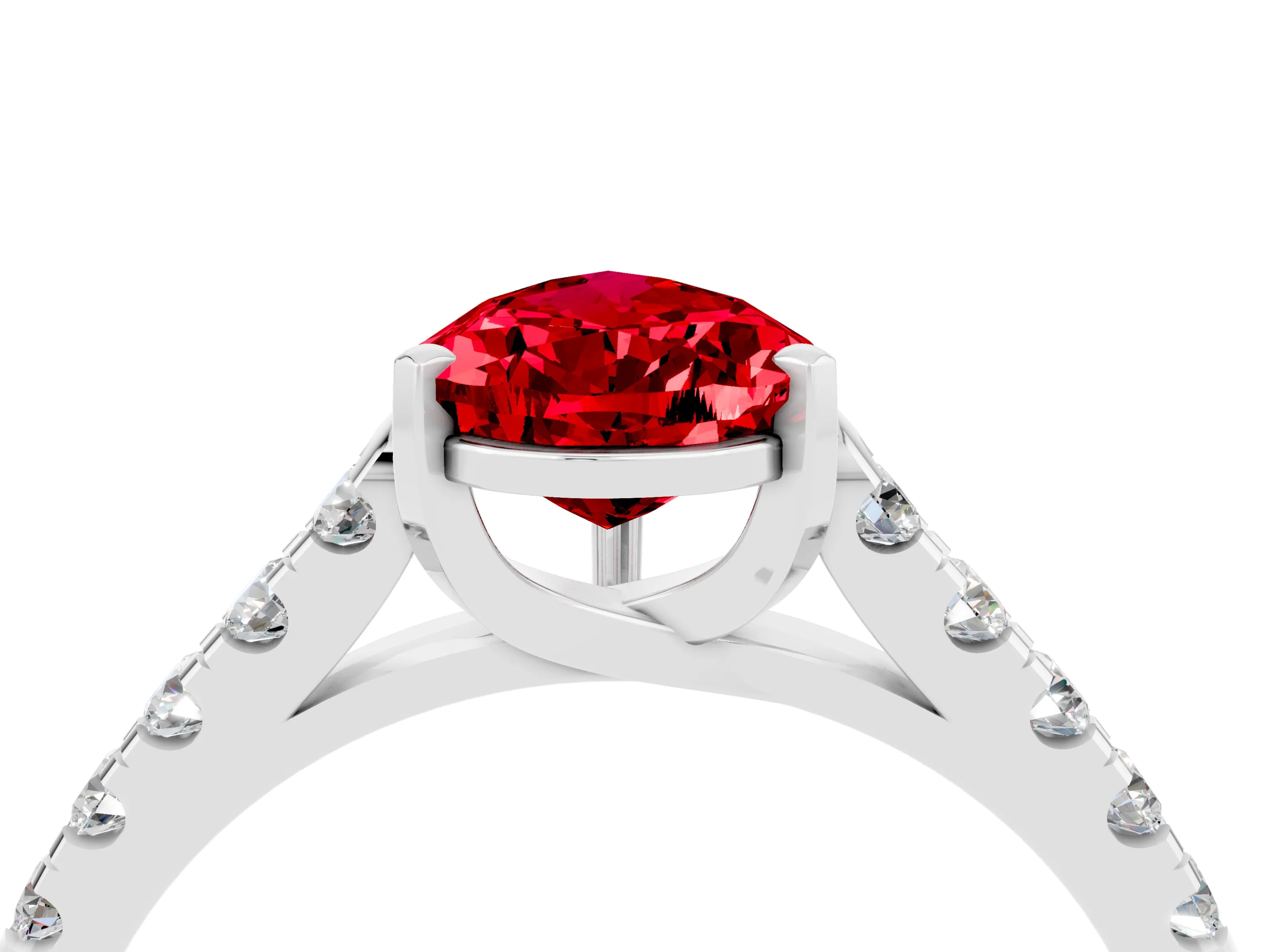White gold {shape_name} Ruby Solitaire Ring with Pavé Band and Four-Prong Setting_16