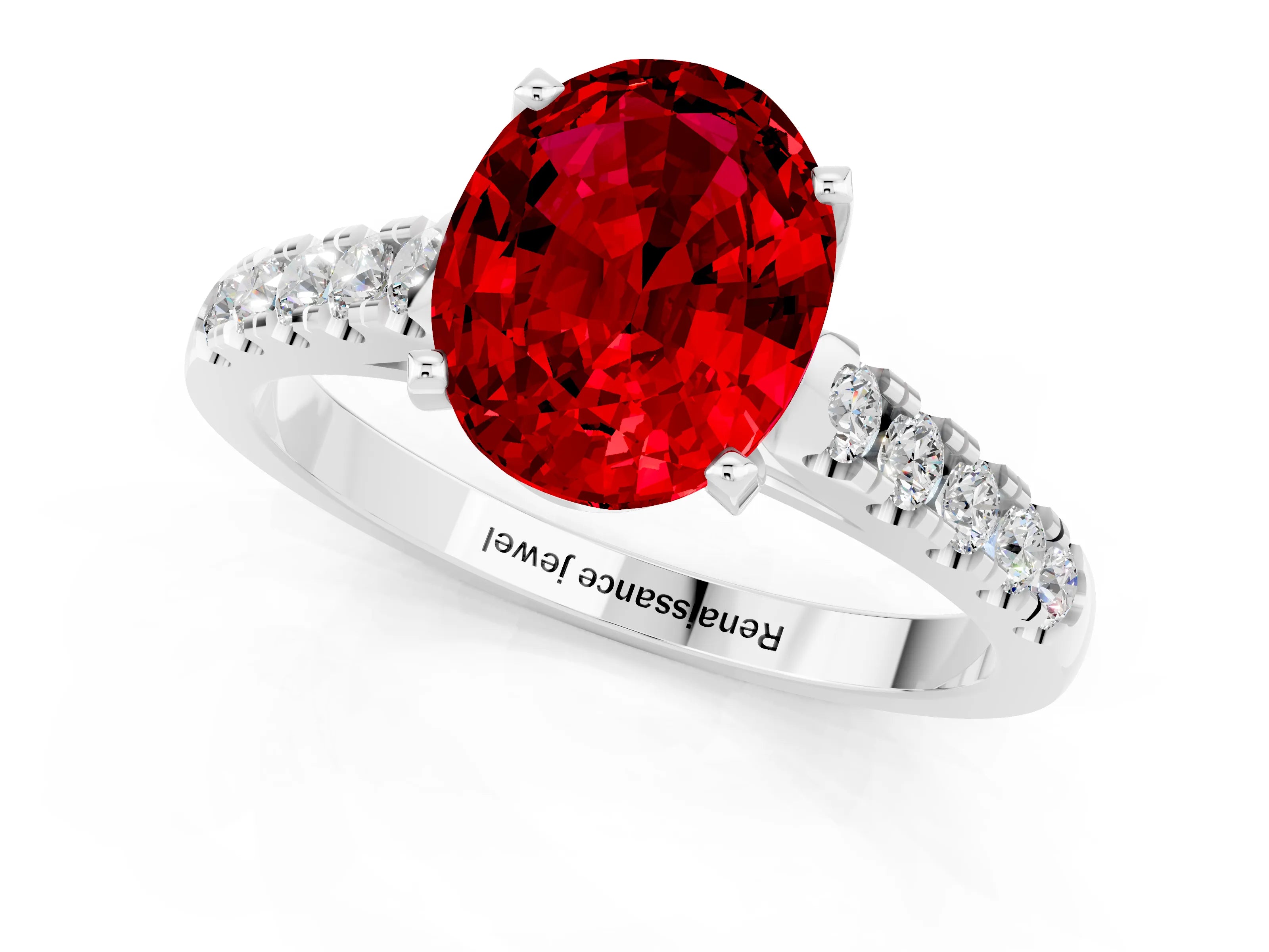 White gold {shape_name} Ruby Solitaire Ring with Pavé Band and Four-Prong Setting_1