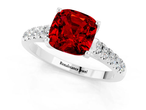 White gold {shape_name} Ruby Solitaire Ring with Pavé Band and Four-Prong Setting_1