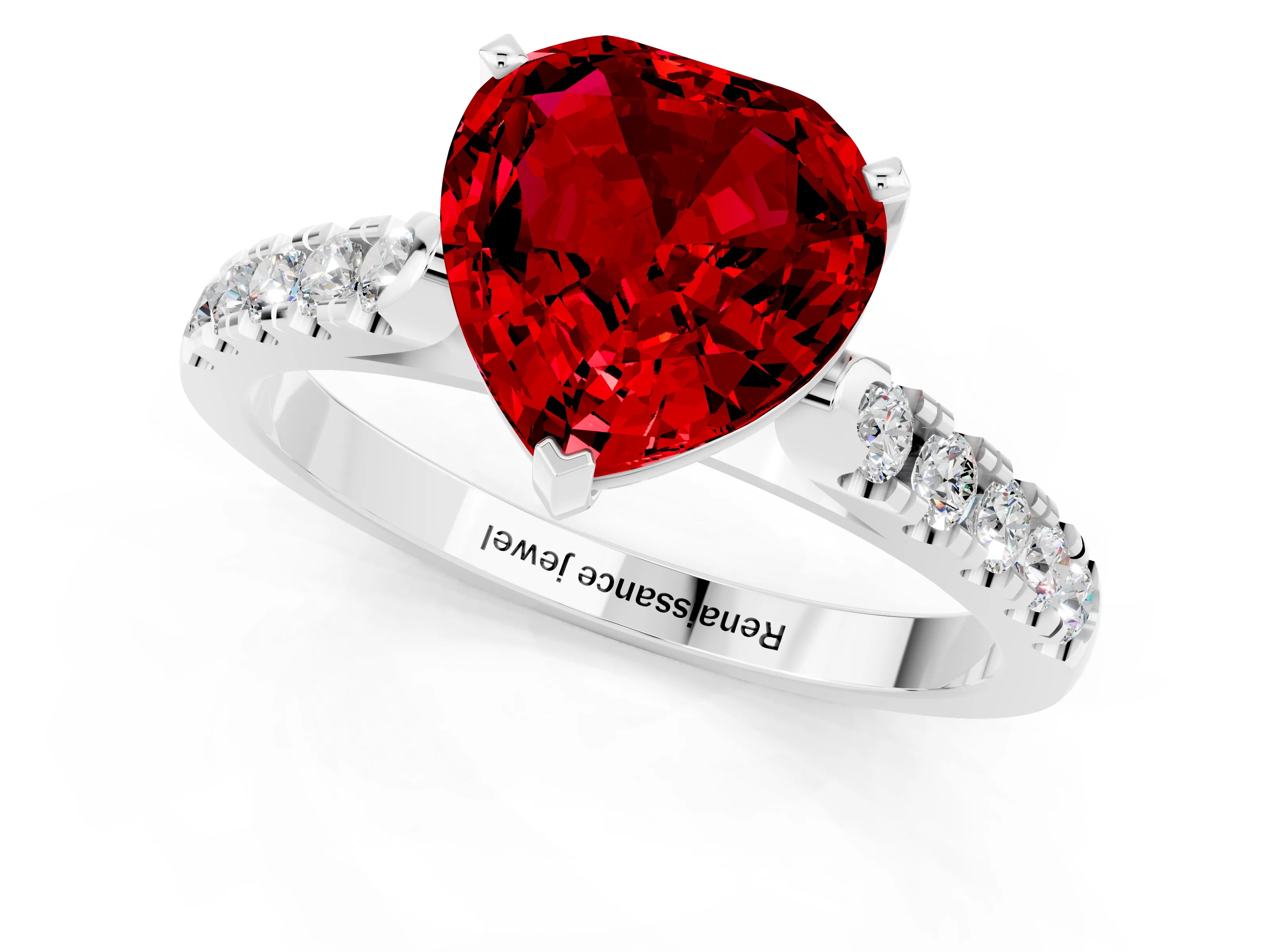 White gold {shape_name} Ruby Solitaire Ring with Pavé Band and Four-Prong Setting_1