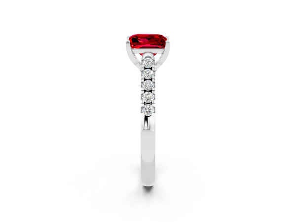 Platinum Princess Cut Ruby Pavé Band Solitaire Ring with Prong Setting