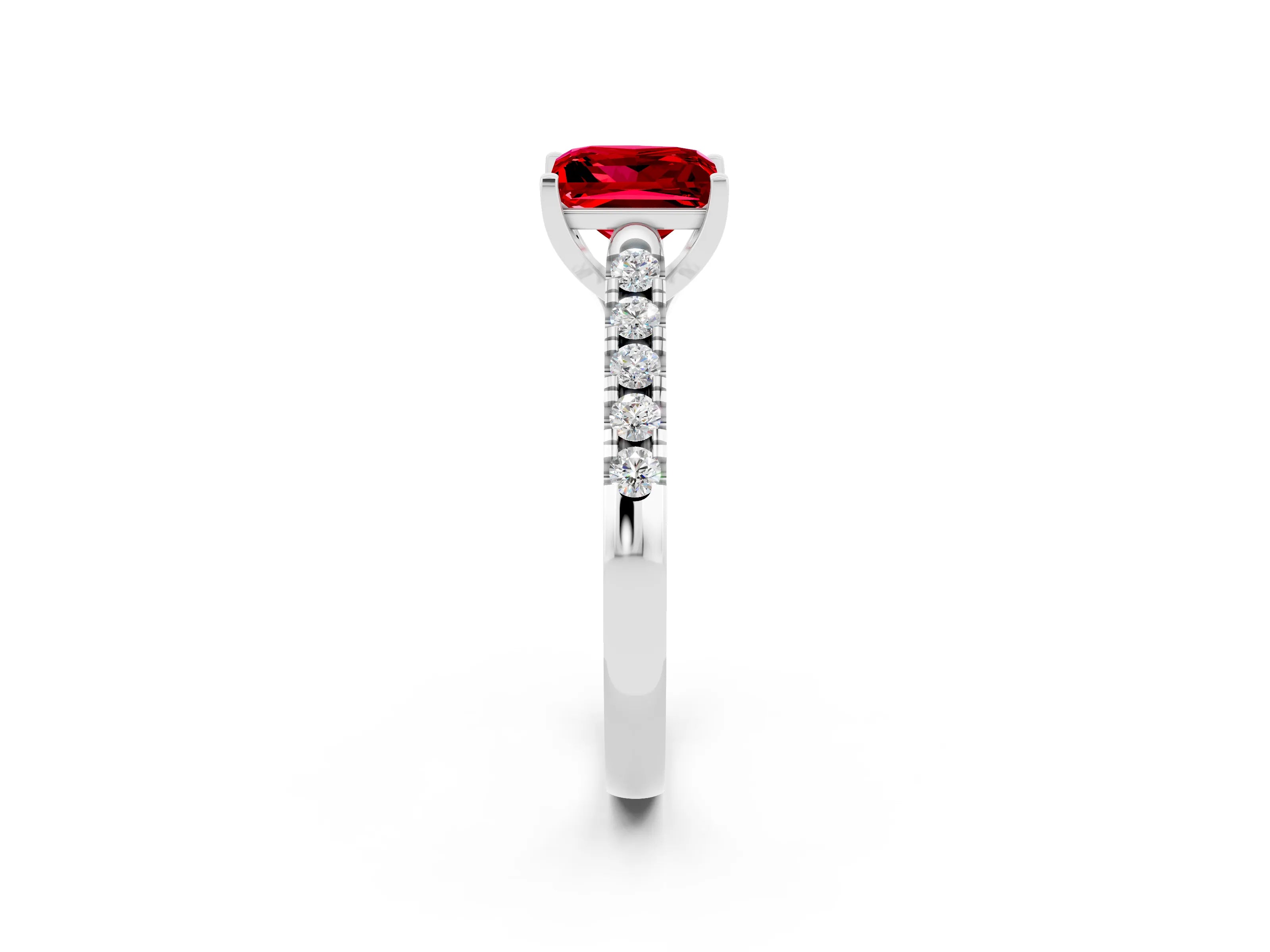 White gold {shape_name} Ruby Solitaire Ring with Pavé Band and Four-Prong Setting_2