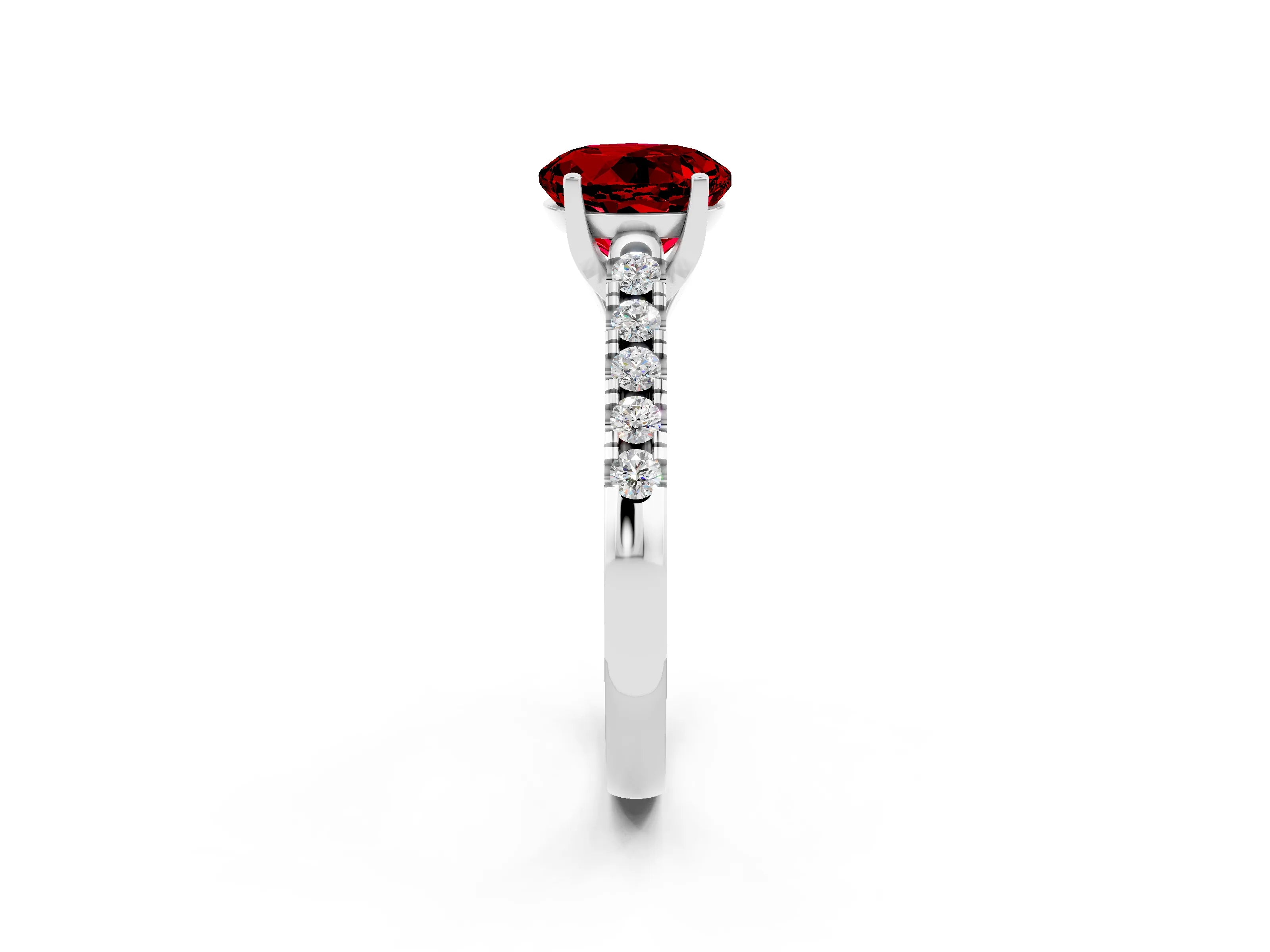 White gold {shape_name} Ruby Solitaire Ring with Pavé Band and Four-Prong Setting_2