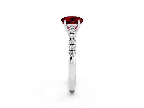 Silver Round Cut Ruby Pavé Band Solitaire Ring with Prong Setting