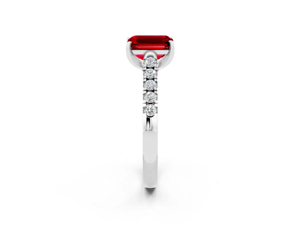 Platinum Emerald Cut Ruby Pavé Band Solitaire Ring with Prong Setting