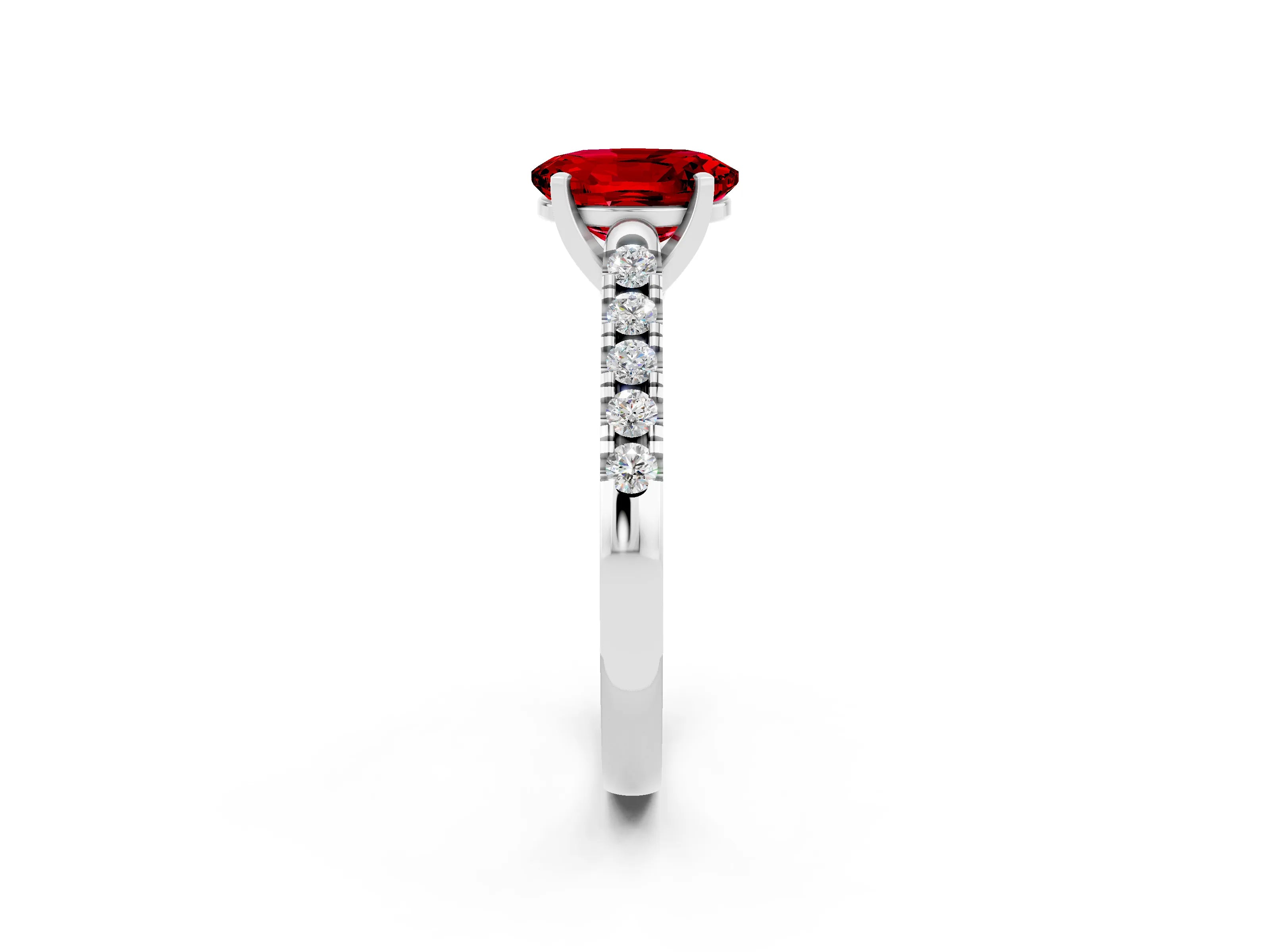 White gold {shape_name} Ruby Solitaire Ring with Pavé Band and Four-Prong Setting_2