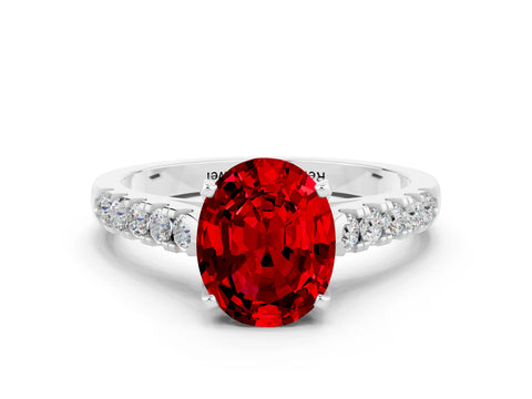 White gold {shape_name} Ruby Solitaire Ring with Pavé Band and Four-Prong Setting